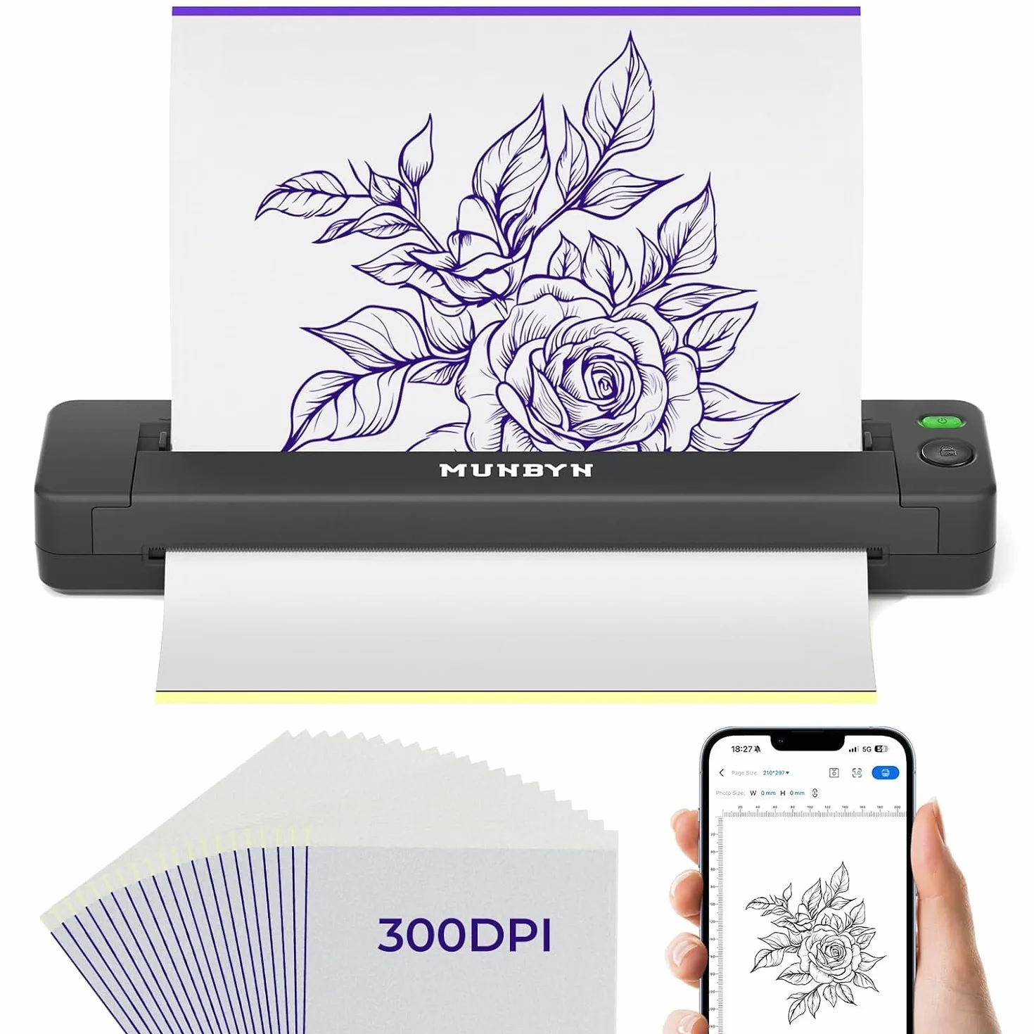 MUNBYN ITP06 300DPI Stampante Termica Tattoo Wireless 2600 mAh 20 Pezzi Stencil per Trasferimento