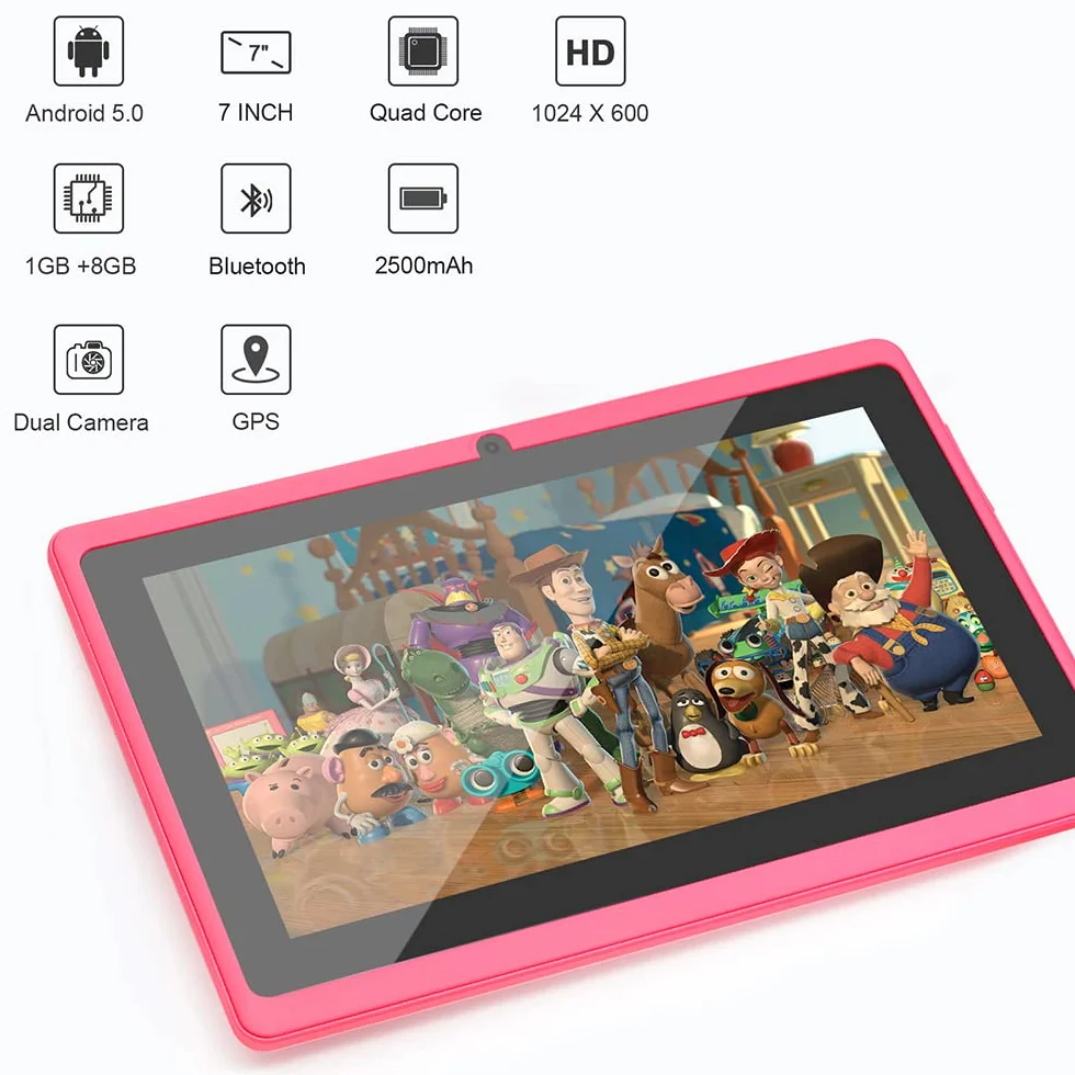 7 Pollici Tablet PC, Android 5.0 Quad Core, 1GB RAM 8GB ROM, Doppia Fotocamera, Touchscreen Capacitivo, WiFi, Bluetooth, Nero