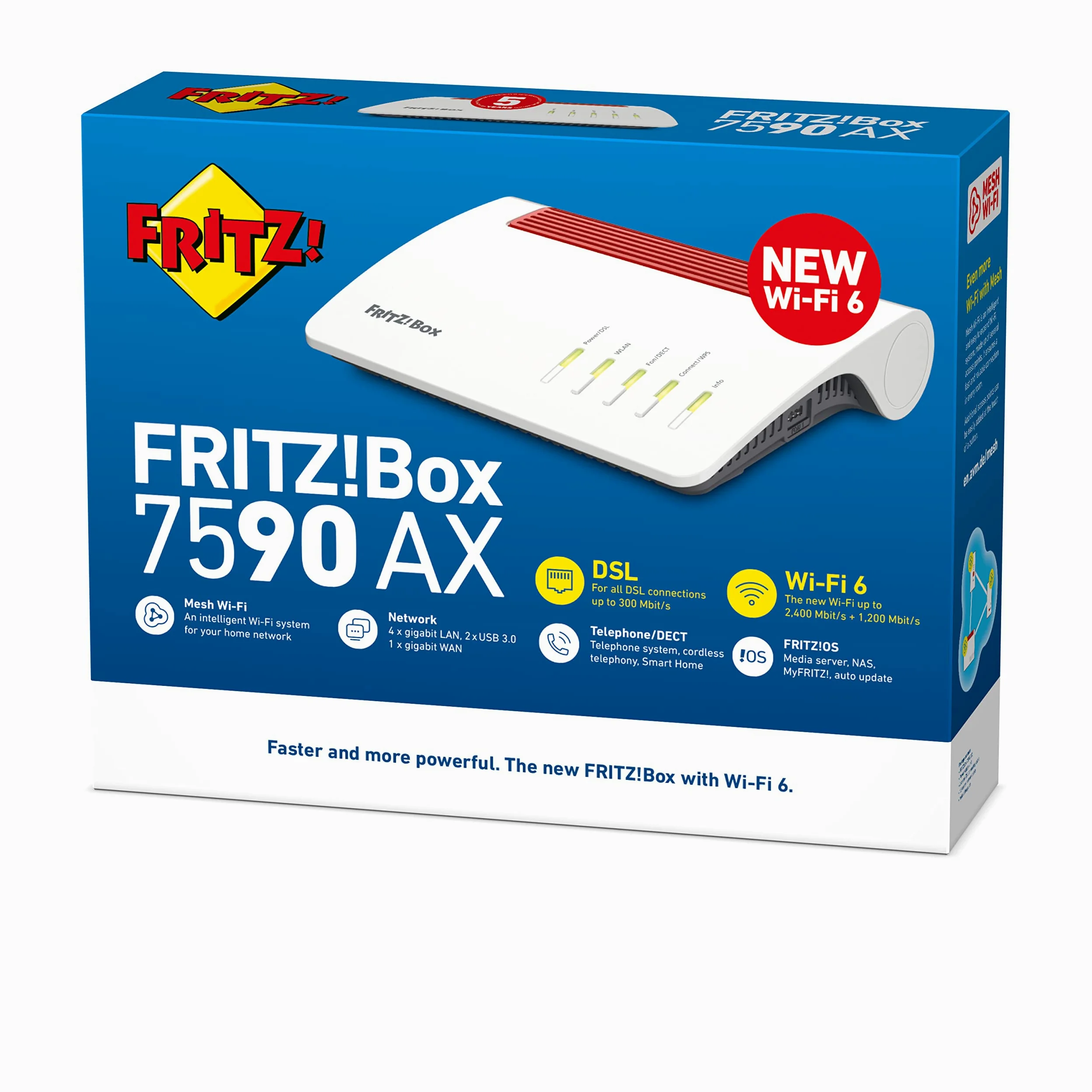 AVM FRITZ!Box 7590 AX Edition International, Modem Router Wi-Fi 6 Dual Band veloce fino a 3.600 MBit/s, ADSL/VDLS fino a 300 MBit/s, Mesh, Base DECT, Media Server, Interfaccia in italiano