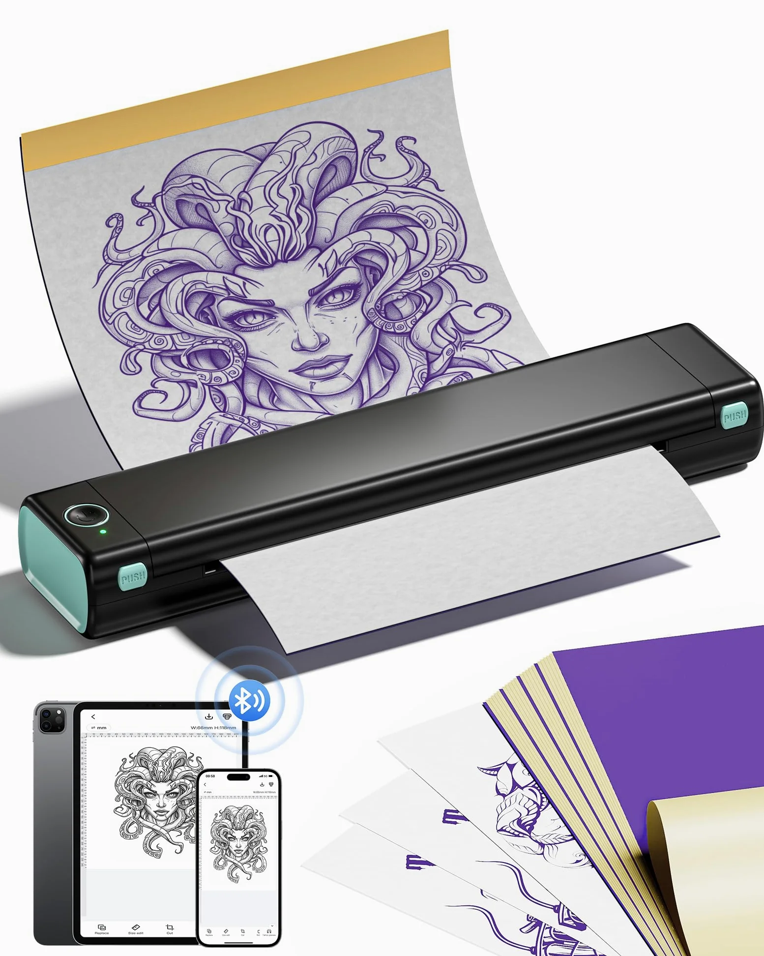 Itari M08F Stampante Stencil Tattoo - Copiatrice Stampante Tattoo Stencil con 10 Fogli di Carta da Trasferimento, Stampante Termica Bluetooth per Tatuaggi, Compatibile con Smartphone e PC, Nero