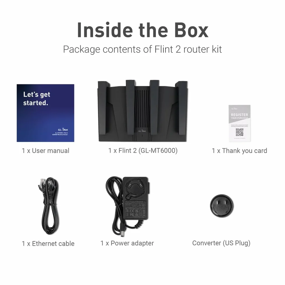 GL.iNet GL-MT6000(Flint 2) Router WiFi 6 | Router WiFi per giochi | 2 porte multi-gig da 2,5 G+4 porte Ethernet da 1 G | Connettività dei dispositivi di massa | OpenVpn rapido e WireGuard | 802.11ax | Wi-Fi 6 8 stream a 6 Gbps, doppia porta 2.5G, fino a 1