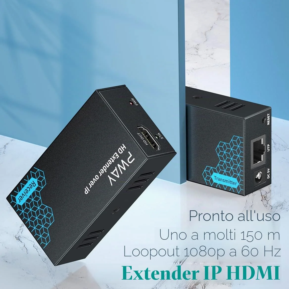 PWAY PW-DT243 Extender HDMI su IP 150m/492ft 150m Trasmissione Tramite Cavo di Rete Cat5e / 6/7/8 Supporto Loopout Locale e Trasmissione da 1 a Multipla Tramite lo Switch di Rete