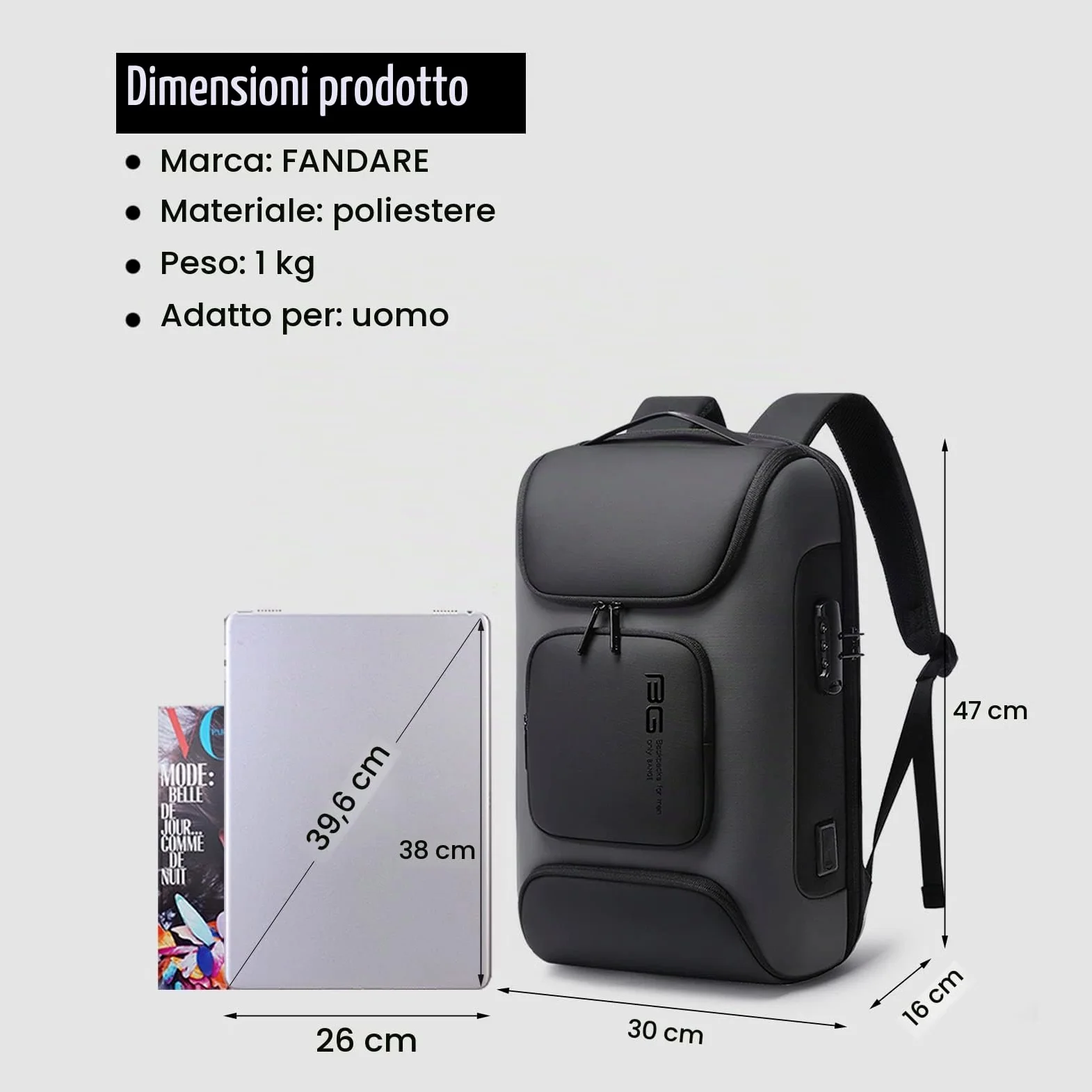 FANDARE Antifurto Zaino Ufficio Uomo Porta PC e USB - Borsa Impermeabile per Business Viaggio Lavoro Scuola - Grigio