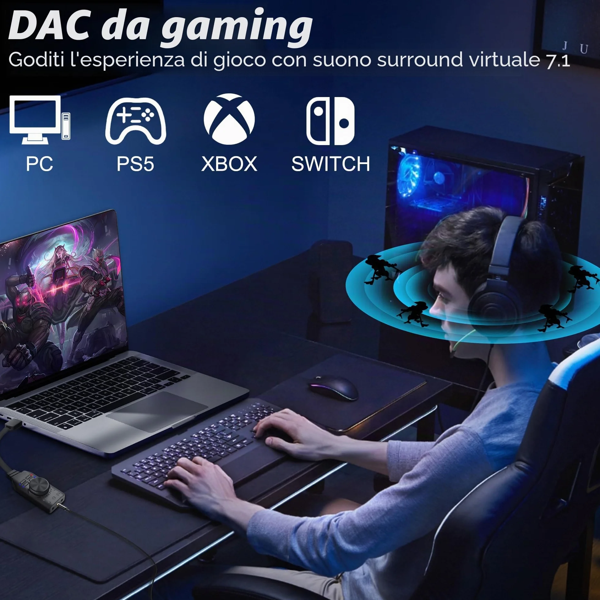 MEIRIYFA Scheda audio USB esterna Virtuale 7.1 Surround Sound USB 2.0 Adattatore scheda audio esterna con regolazione del volume per desktop, laptop, auricolari, cuffie (nero)