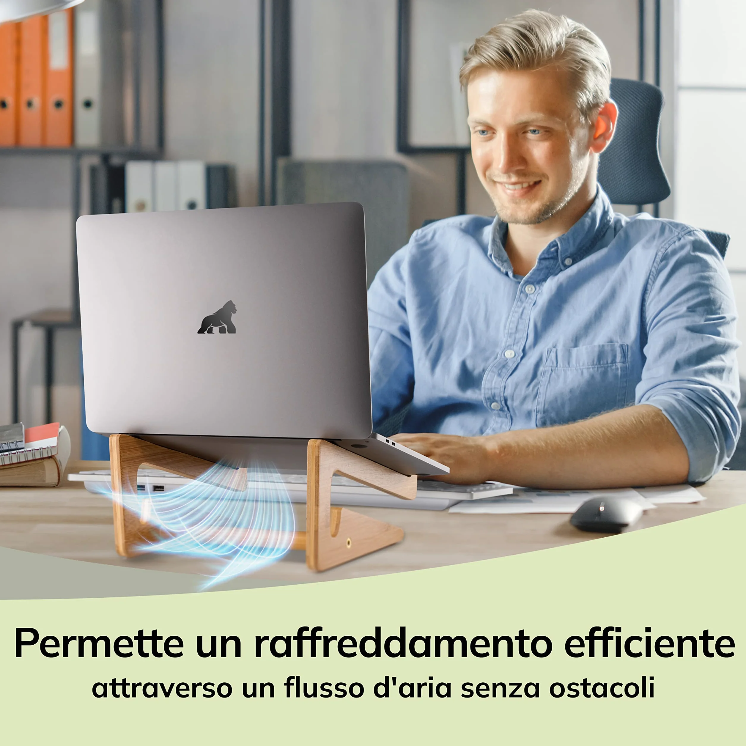 MY FAT GORILLA Supporto PC Portatile Legno Bambù – Rialzo PC Portatile per MacBook & Notebook – Supporto Laptop Scrivania – Alzata PC da Scrivania Bambù per 10-15 pollici