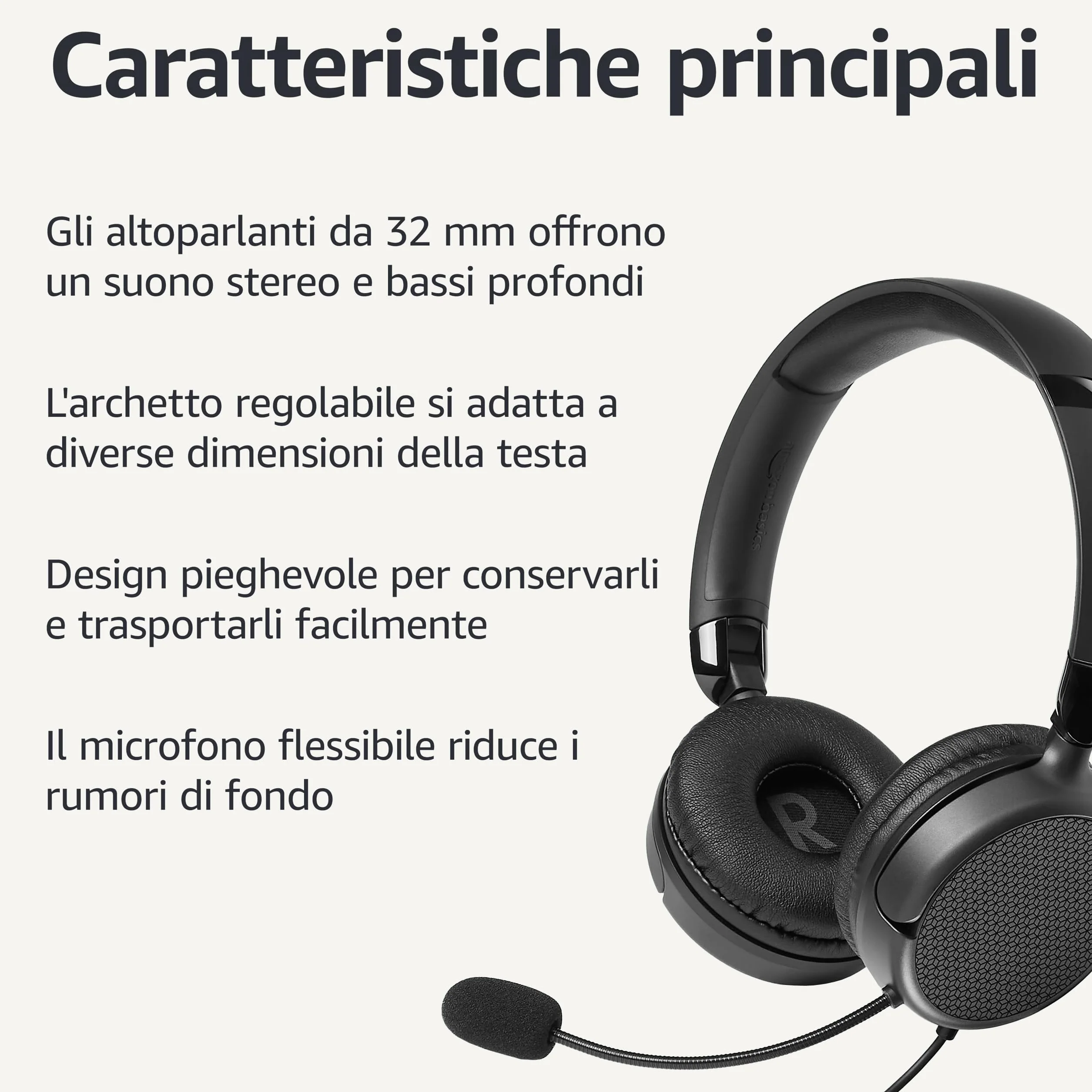 Amazon Basics - Cuffie Over-Ear per Computer con Cavo, Microfono Regolabile, Connessione da 3,5 mm, Controllo Cablato con USB-A, Pieghevoli, Cuffie per Ufficio, Smartphone, PC, Laptop, Nero