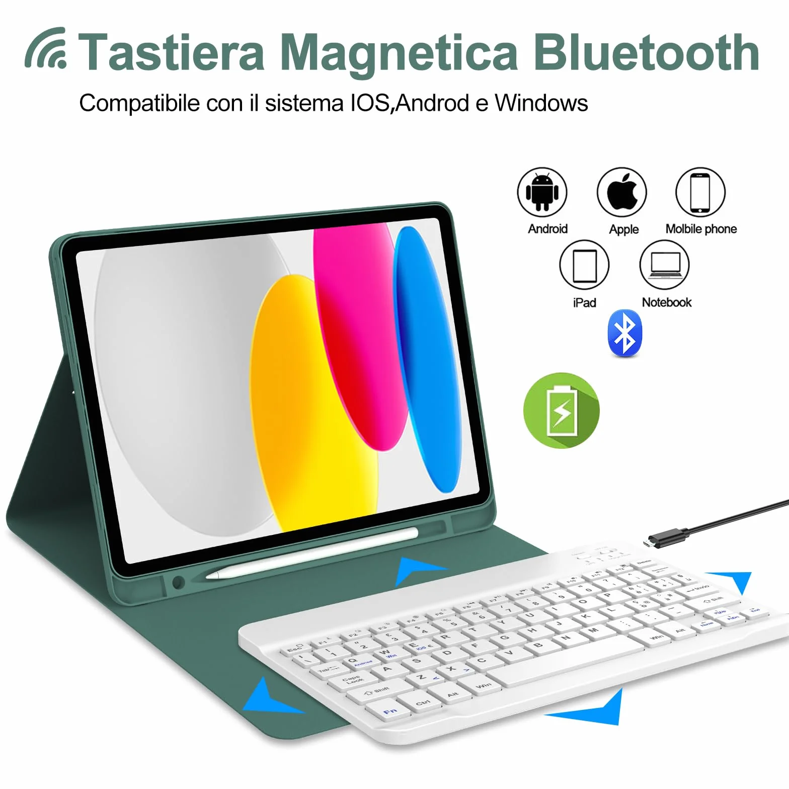 JADEMALL Tastiera per iPad 11 Generazione A16 11" 2025/10 Generazione 10.9" 2022, Italiano QWERTY Tastiera Bluetooth Staccabile per iPad A16 11/10 Generazione 2025/2022, Verde Scuro