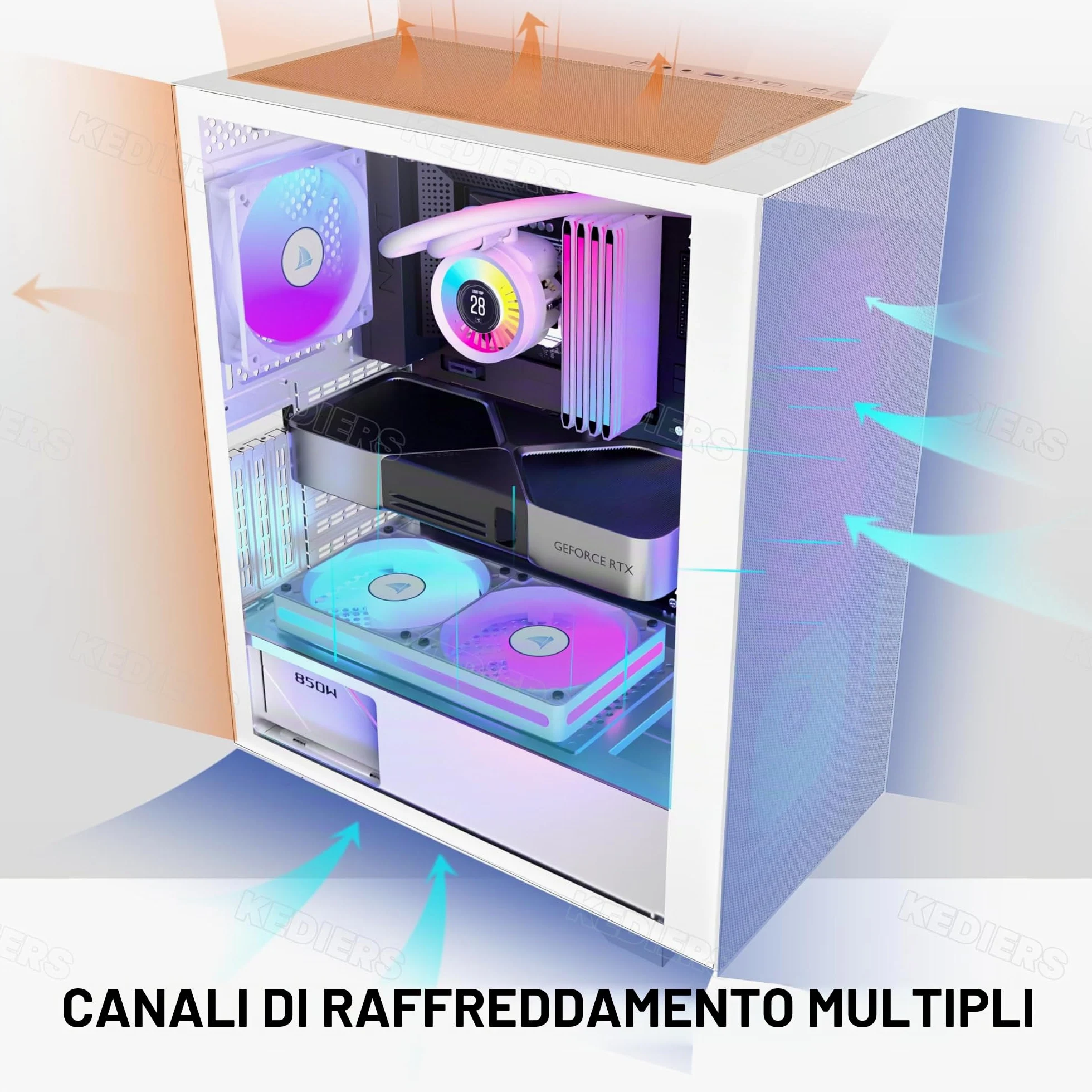 KEDIERS Case PC - 6 ventole PWM preinstallate, custodia da gioco ATX Mid Tower Case per computer a rete con aperture laterali in vetro temperato, G300, bianco