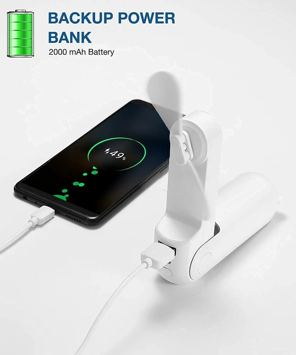 Mini Ventilatore Portatile, Ventilatore Manuale 3 in 1, Ventilatore Tascabile Piccolo Ricaricabile USB Portatile, Ventilatore a Batteria [14-21 Ore lavorative] con Power Bank, funz