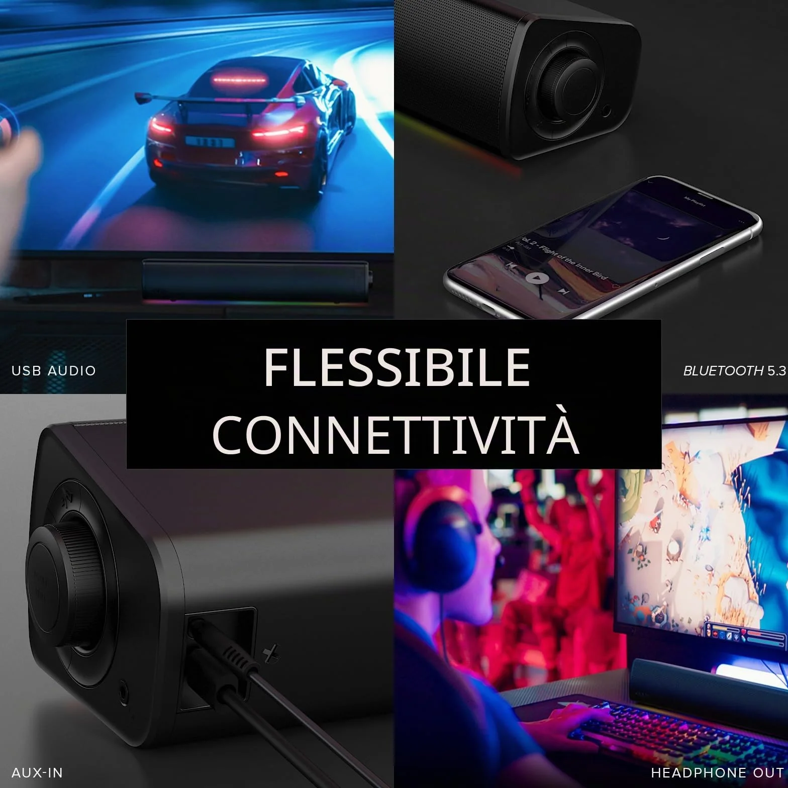 Soundbar compatta da gaming Sound Blaster GS3 con RGB e tecnologia SuperWide, alimentata tramite USB, Bluetooth 5.4, porta di uscita cuffie