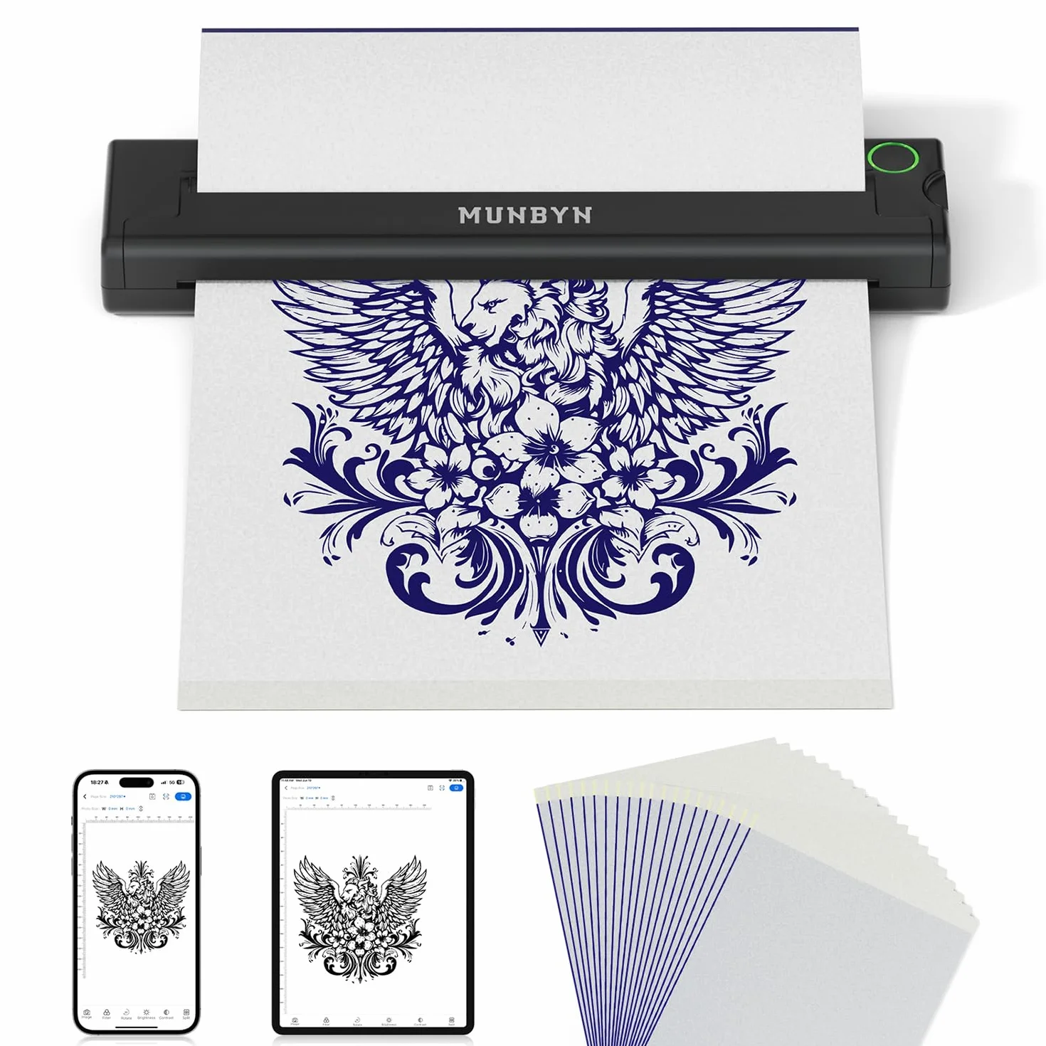 MUNBYN ITP05 Stampante Termica Tattoo Bluetooth 2600 mAh, 20 Fogli Carta Transfer, Nero
