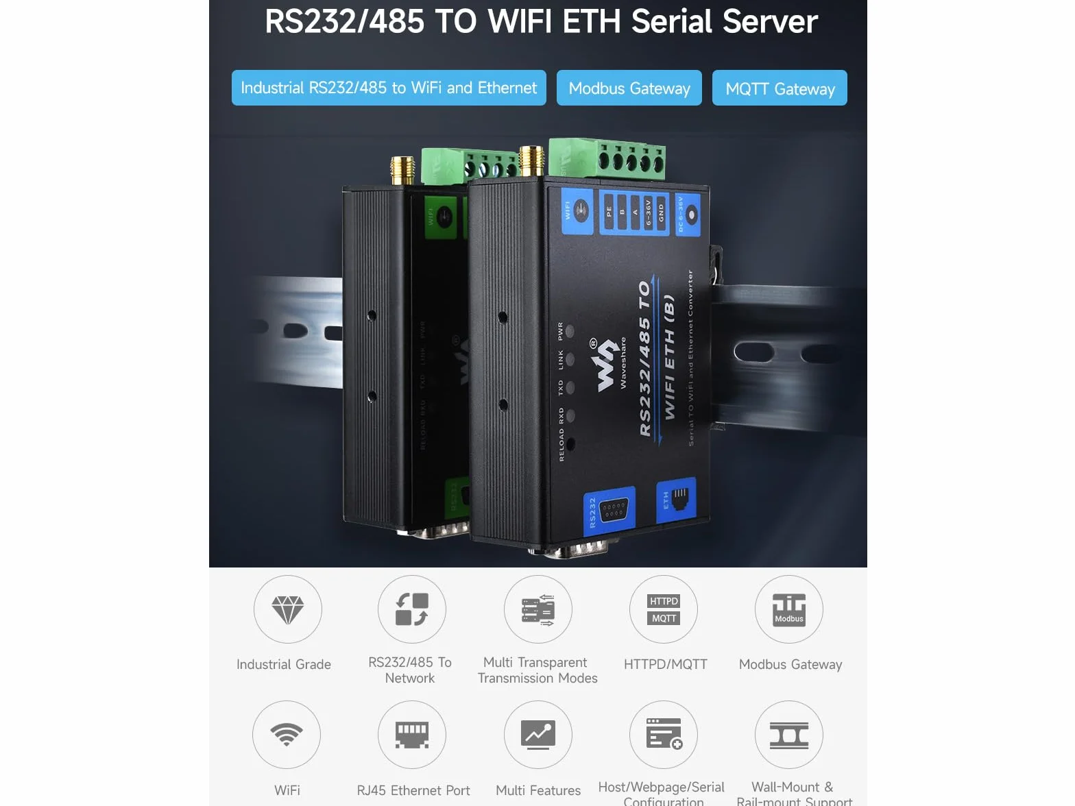 Waveshare RS232/485 to WiFi and RJ45 Ethernet Converter Module Industrial Grade Serial Server,Support Ethernet to WiFi,Serial Port to Ethernet, Modbus Gateway, MQTT Gateway