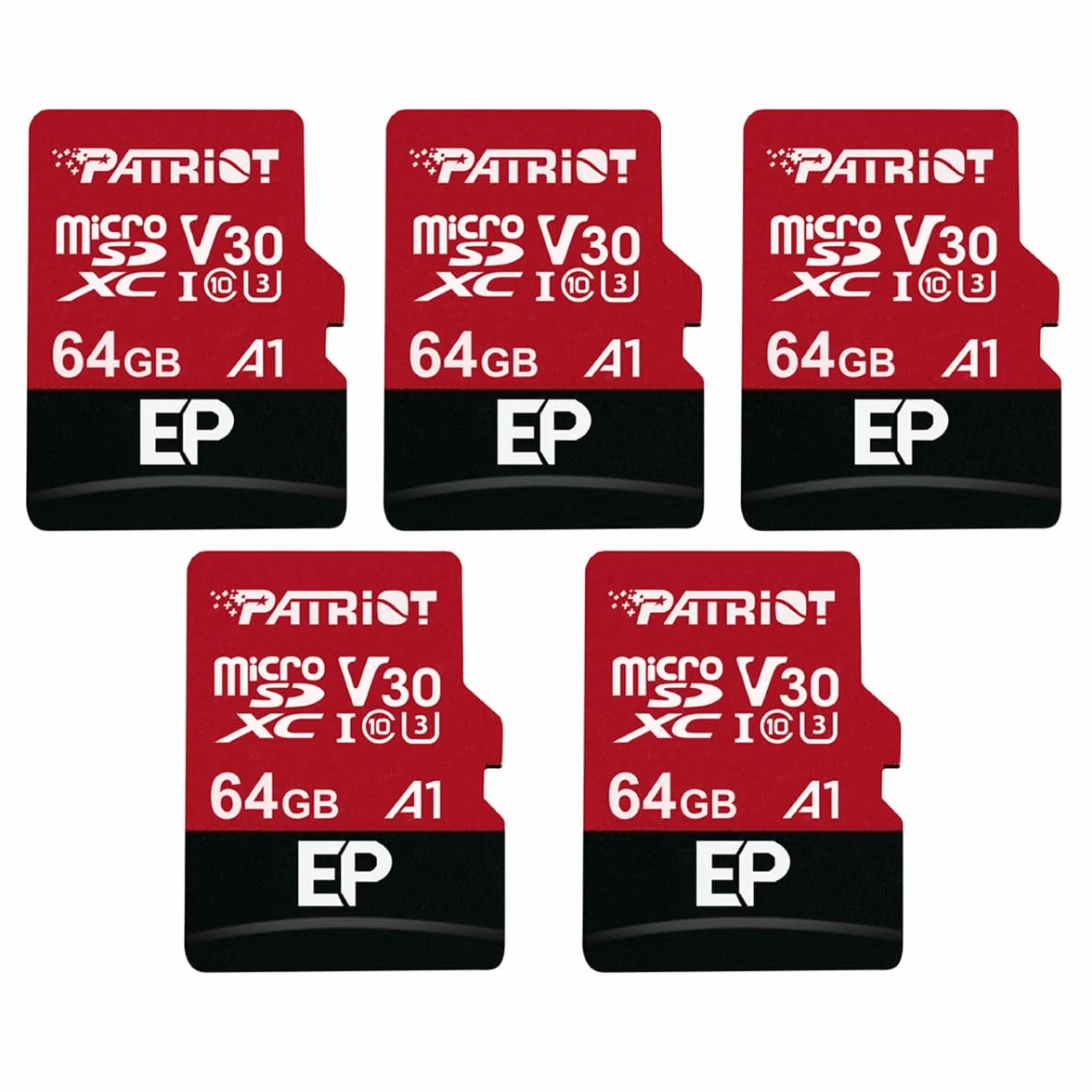Patriot Memory 64GB A1 / V30 scheda di memoria per Telefoni e Tablet Android, Registrazione Video 4K - Pacco da 5