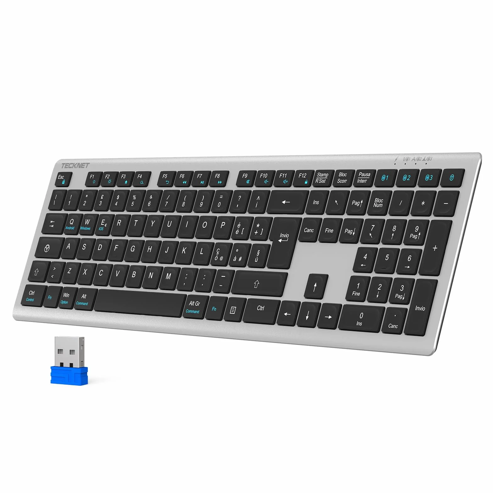 TECKNET Bluetooth Tastiera Wireless, 4 Commutazione Dispositivo(2.4G+BT), USB C Ricaricabile, Full-Size Ultra Sottile Tastiera Senza Fili per PC/Tablet/Windows/MacOS, Layout Italiano QWERTY