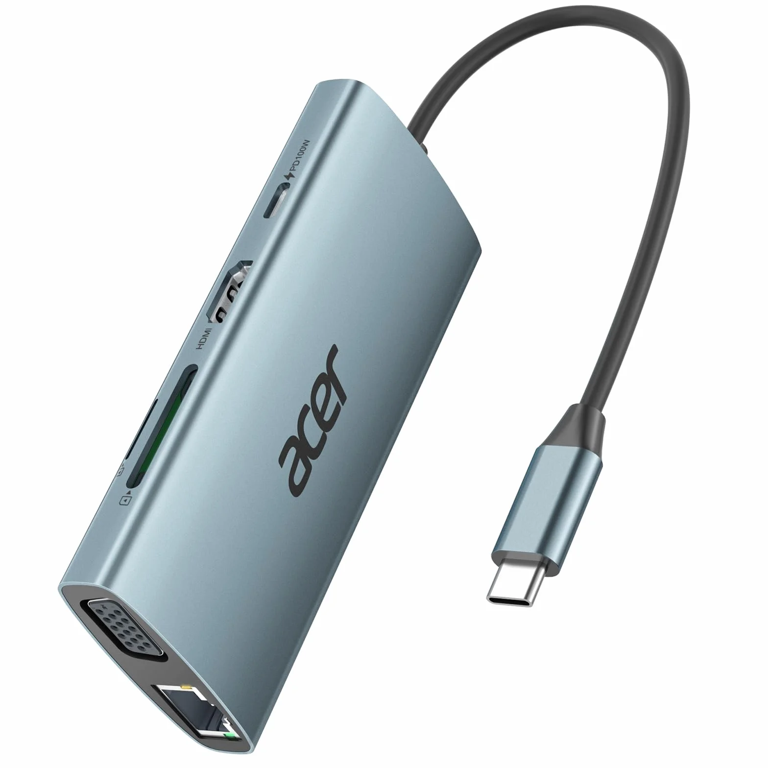 Acer HUB USB C, Adattatore USB C con HDMI 4K a VGA, Ethernet Gigabit, 100W PD, Lettore di Schede SD/TF, 3 USB, Docking Station typo C per MacBook, Laptop, PC