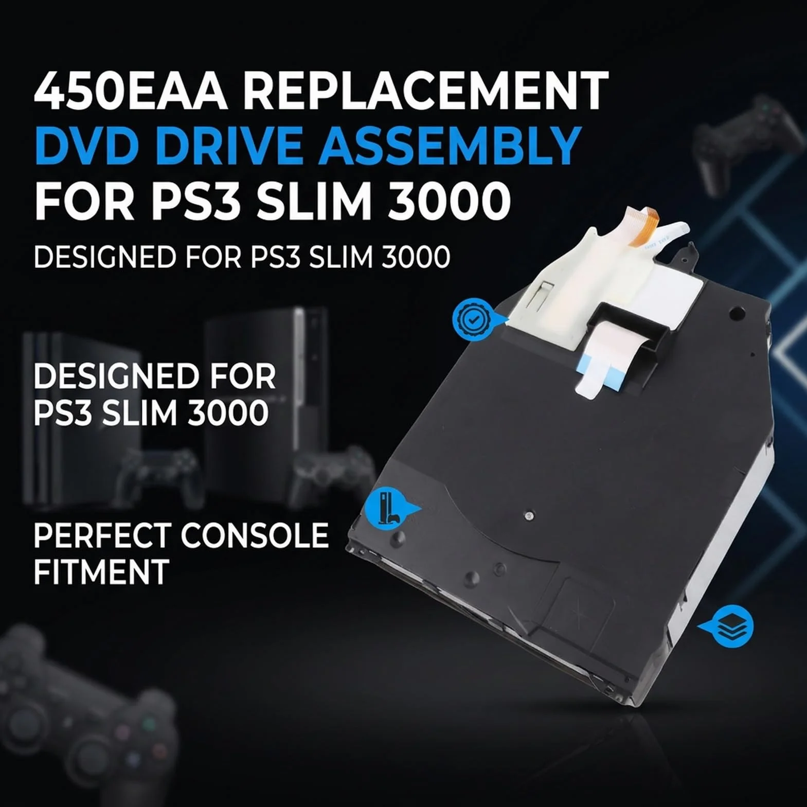 PS3 Slim 3000 DVD Drive, 450EAA Sostituzione DVD Assemblaggio DVD per console di gioco, parte di riparazione essenziale.