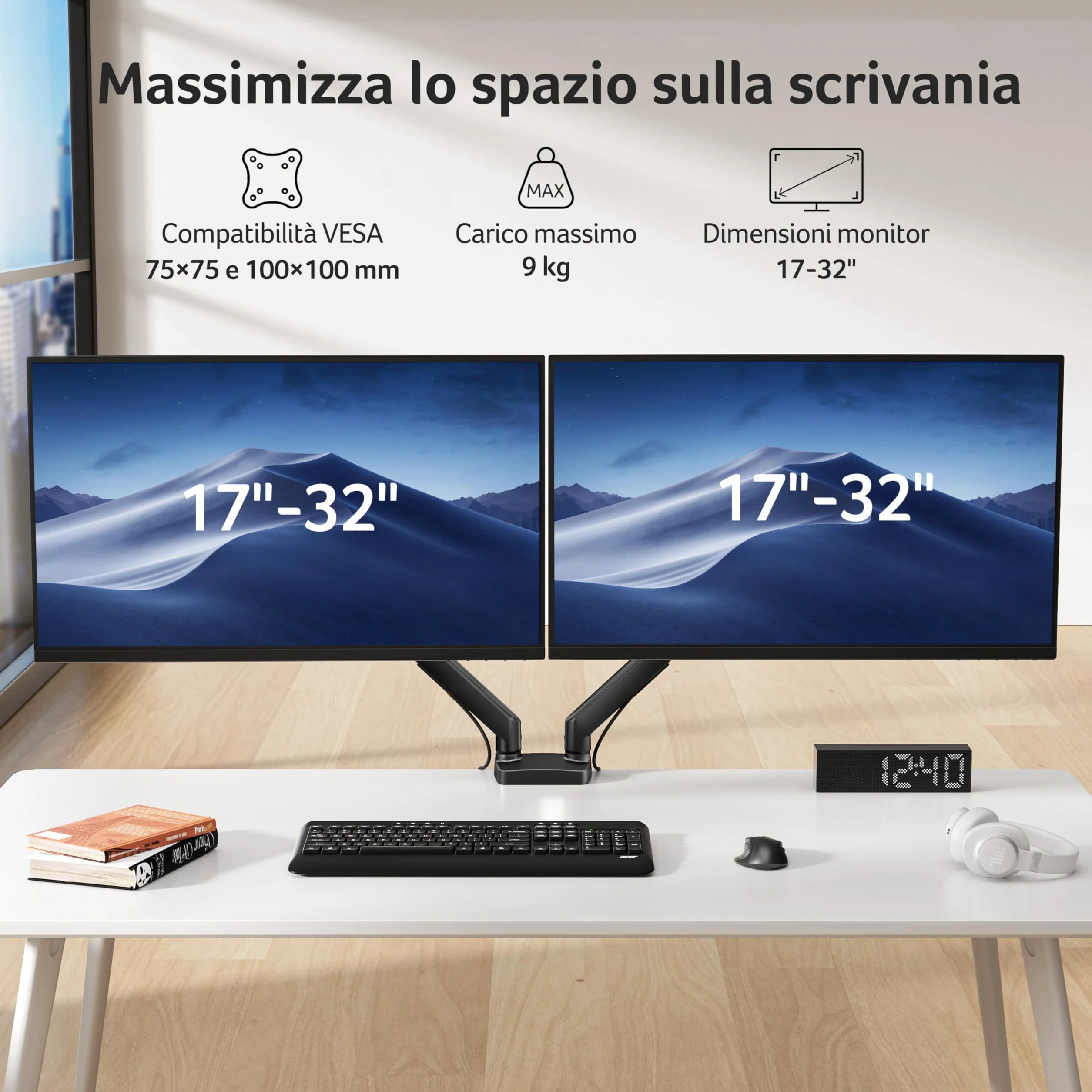 acer Braccio Monitor Doppio Supporto Schermi 17-32 Pollici, Supporto Monitor Scrivania con Molla a Gas, Regolabile in Altezza, Capacità di Carico 2-9 kg, VESA 75x75/100x100