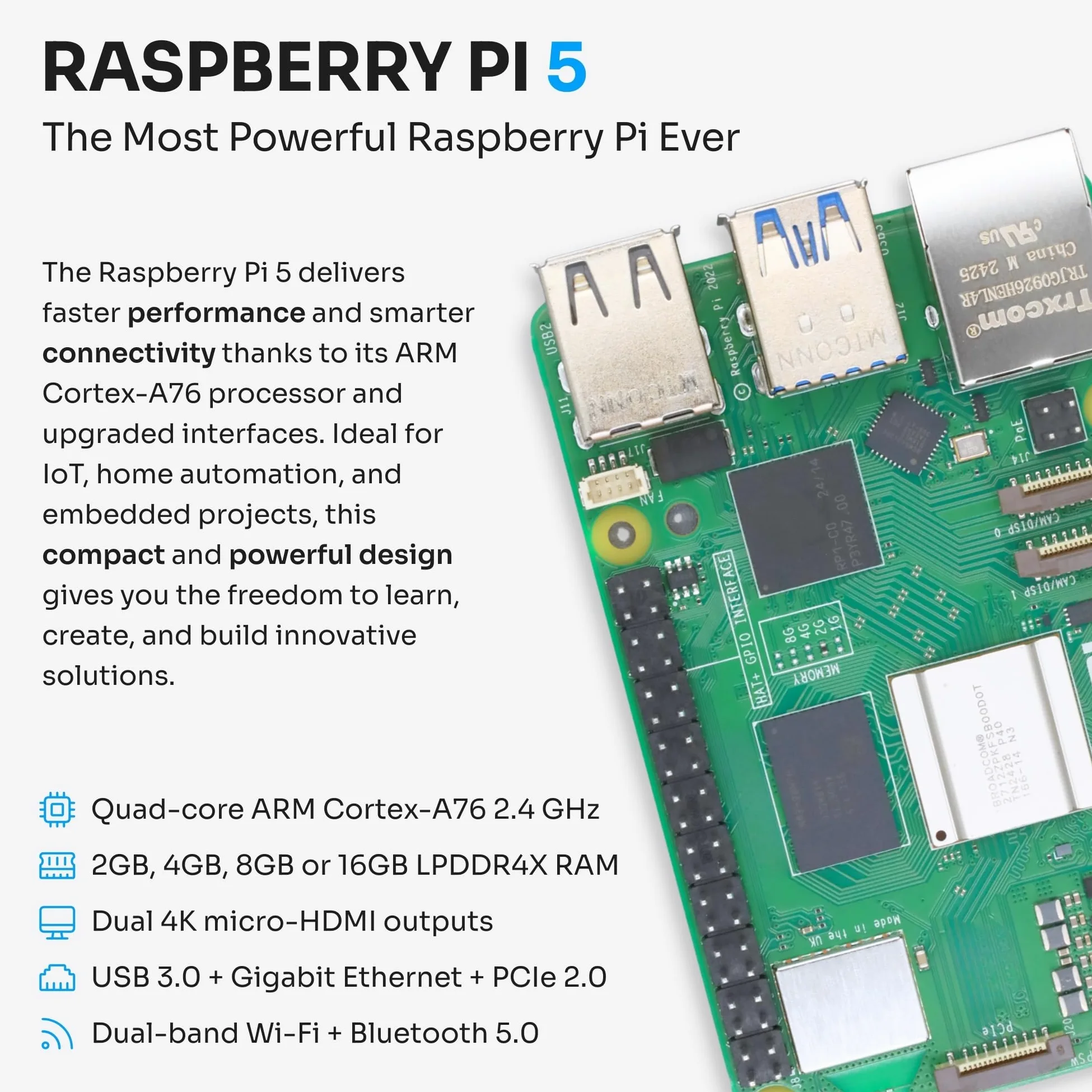 Starter Kit per Raspberry Pi 5 8 GB - Server Edition | Scheda MicroSD da 32 GB | Alimentatore da 27 W | Raffreddatore attivo | Bumper in silicone