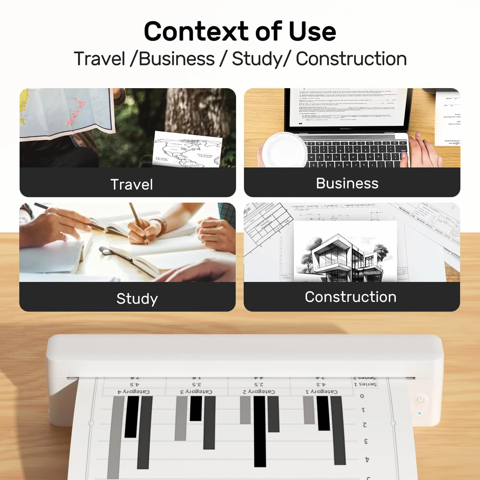 Bisofice D83 Stampante Termica A4 Bluetooth Portatile per Ufficio Viaggi Casa Bianco