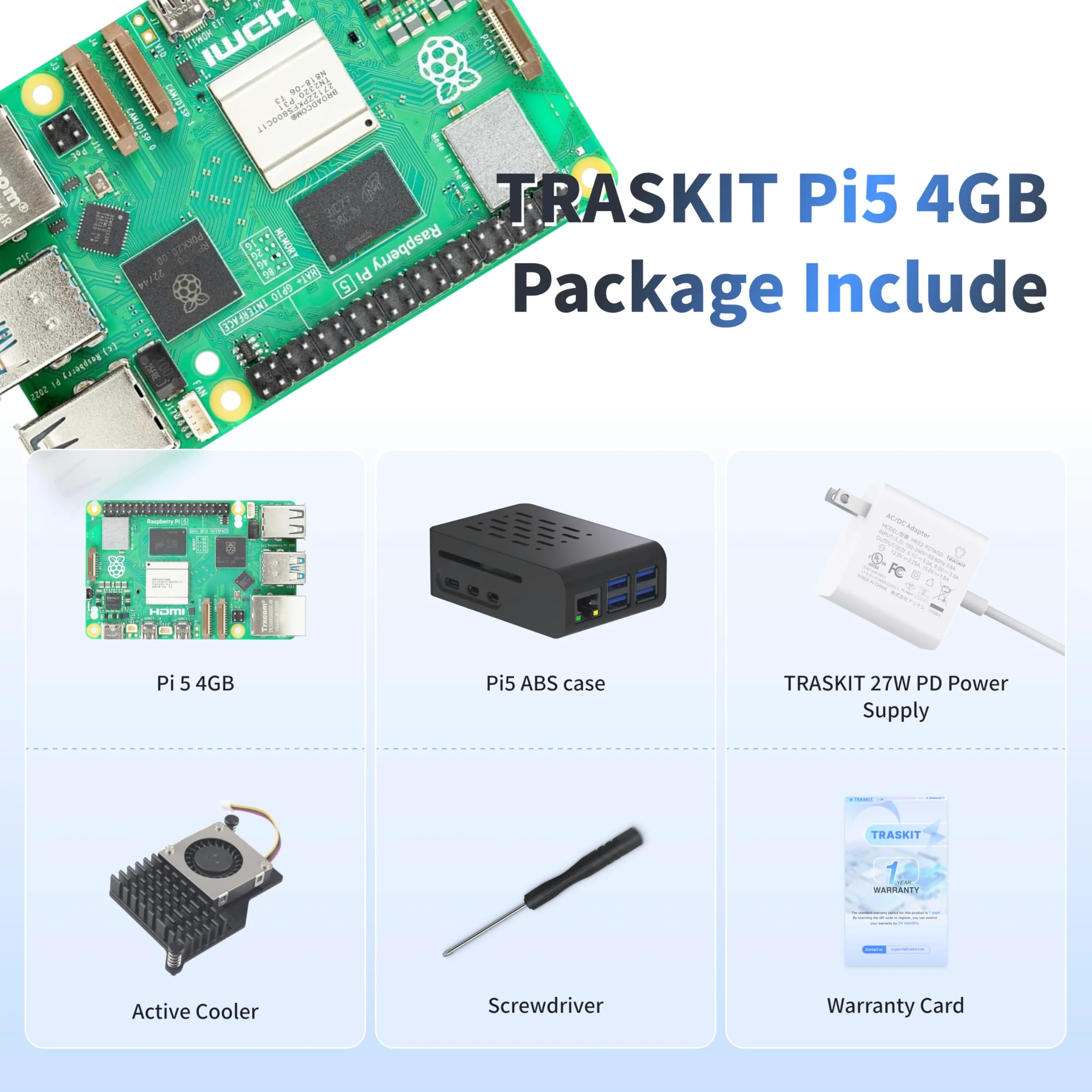 TRASKIT Kit di base per Raspberry Pi 5 4 GB di RAM, alimentatore PD da 27 W, custodia PI5, dispositivo di raffreddamento attivo e scheda singola Pi 5 da 4 GB inclusa