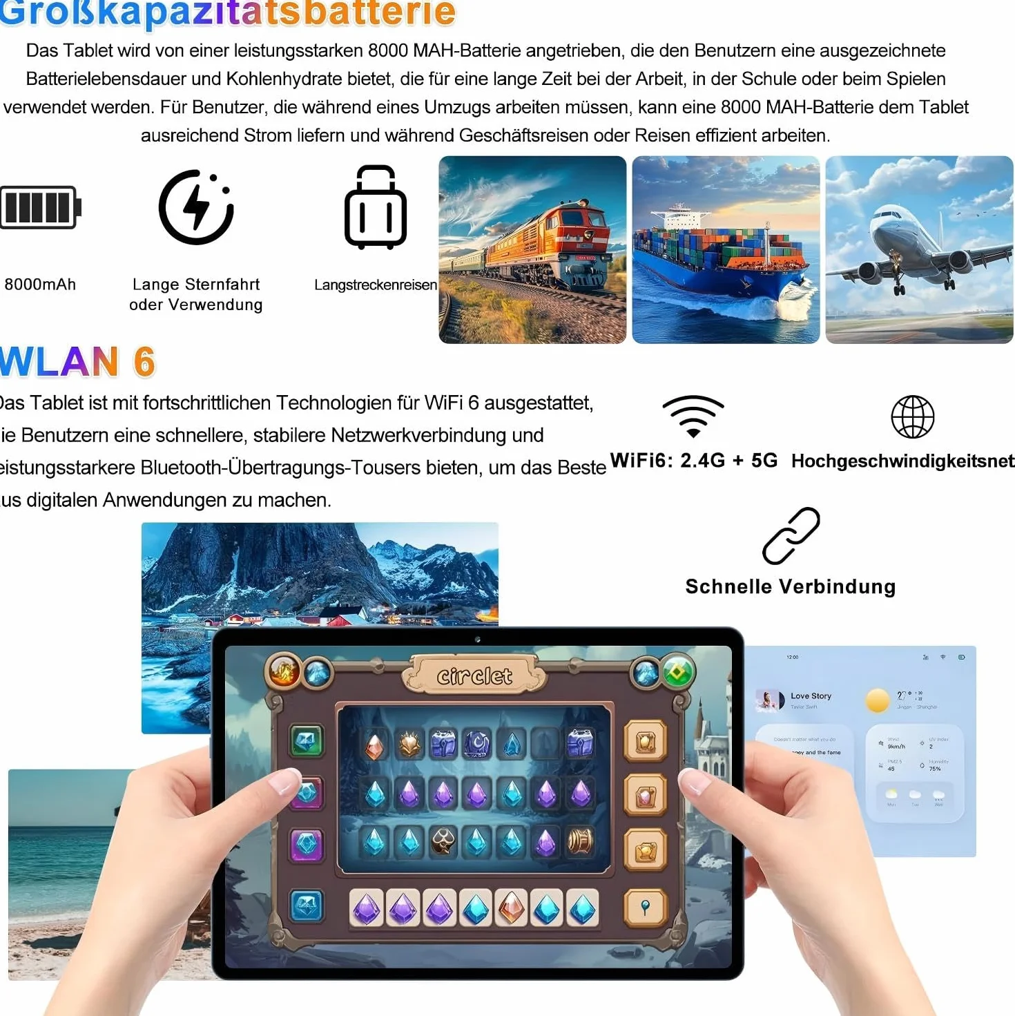 fezawio Android 14 Tablet 10 pollici 22 GB RAM + 128 GB ROM Octa-Core Tablet 5G WiFi, con tastiera mouse, 8000 mAh, (1TB TF) con collina-blu