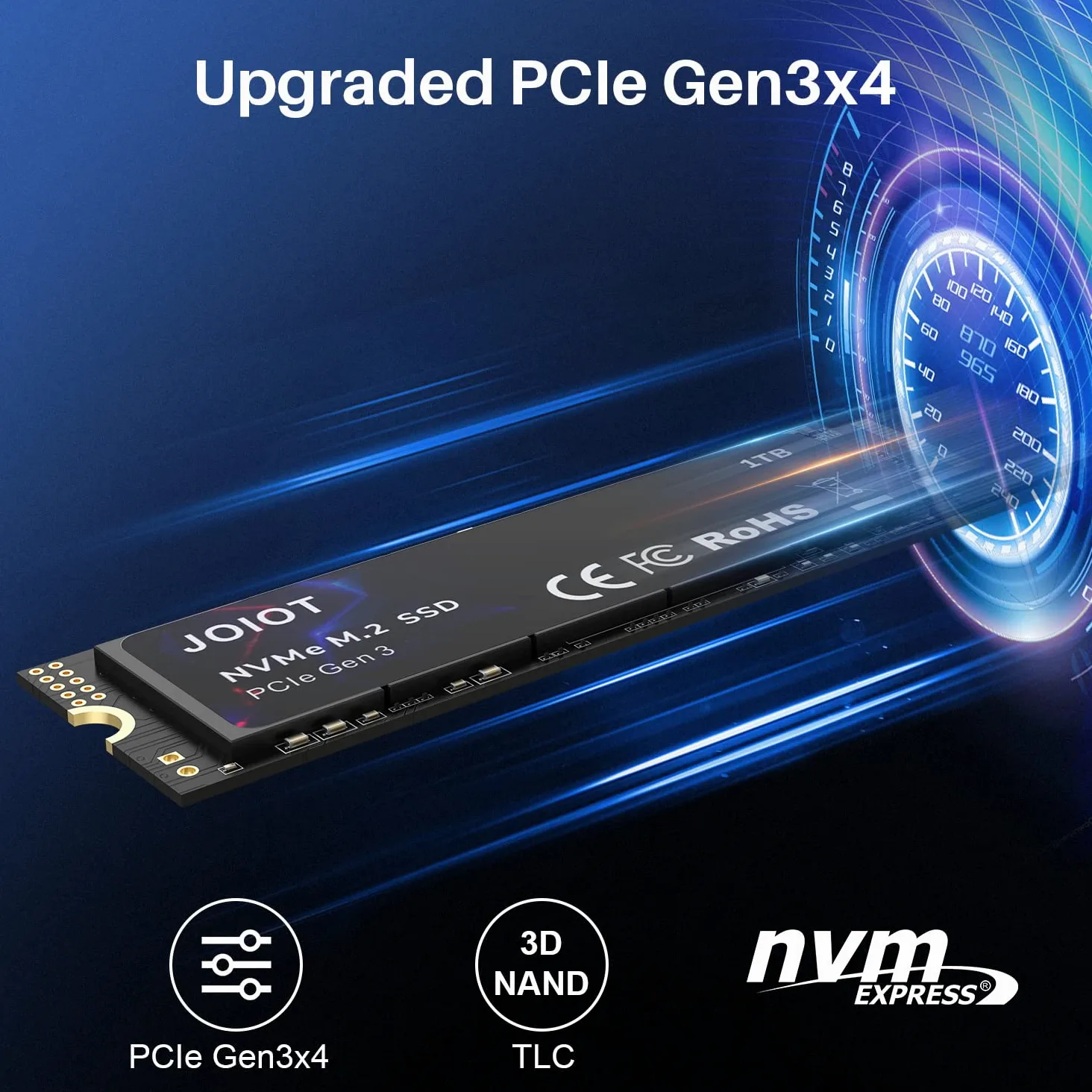 JOIOT SSD PCle da 1 TB 3.0x4, NVMe M.2 2280, unità a stato solido interna, archiviazione per PC, laptop, giochi e altro ancora, tecnologia V-NAND, velocità massima, nero