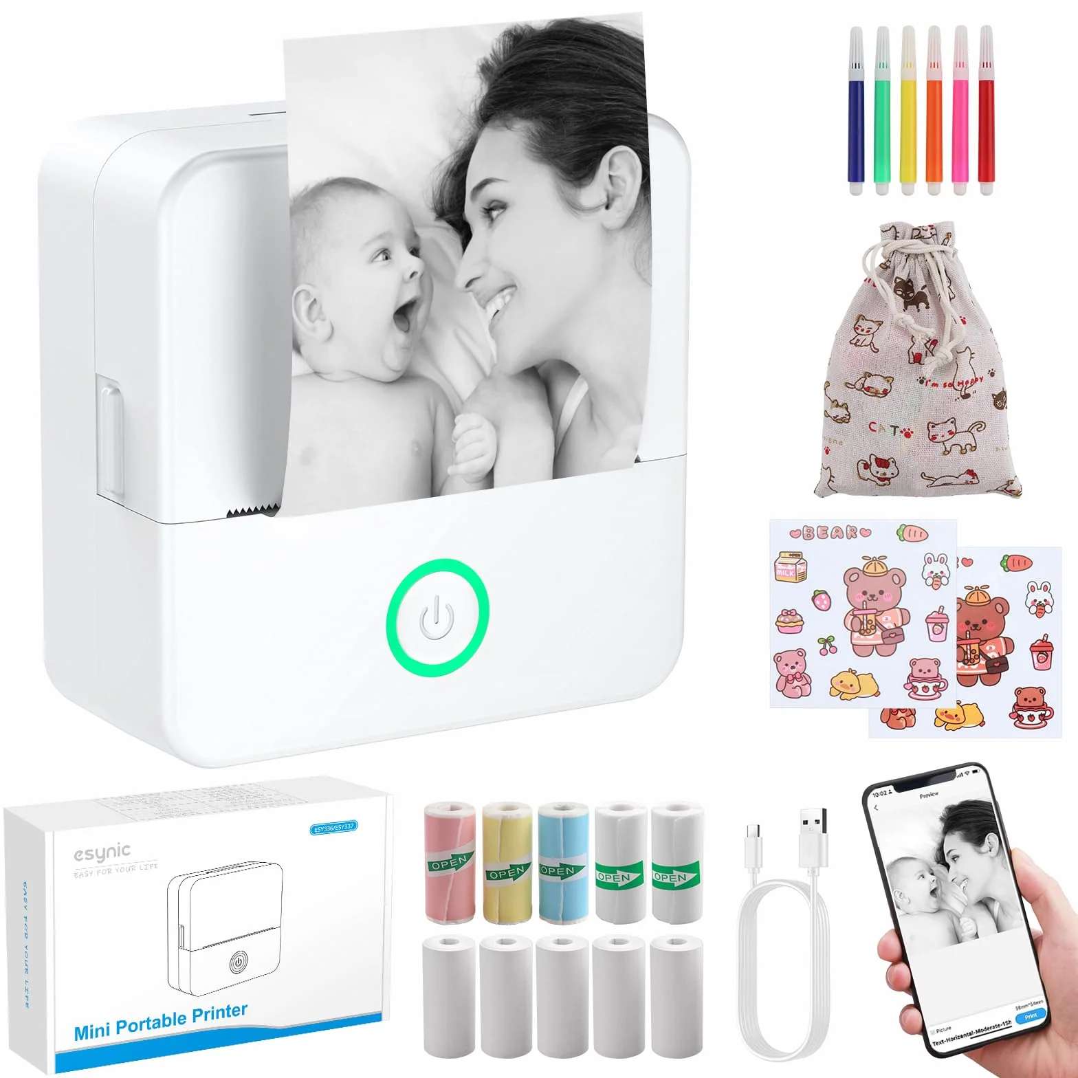 eSynic Stampante Termica Bluetooth Ricaricabile Portatile per Android iOS con 10 Rotoli Carta Termica - Bianco