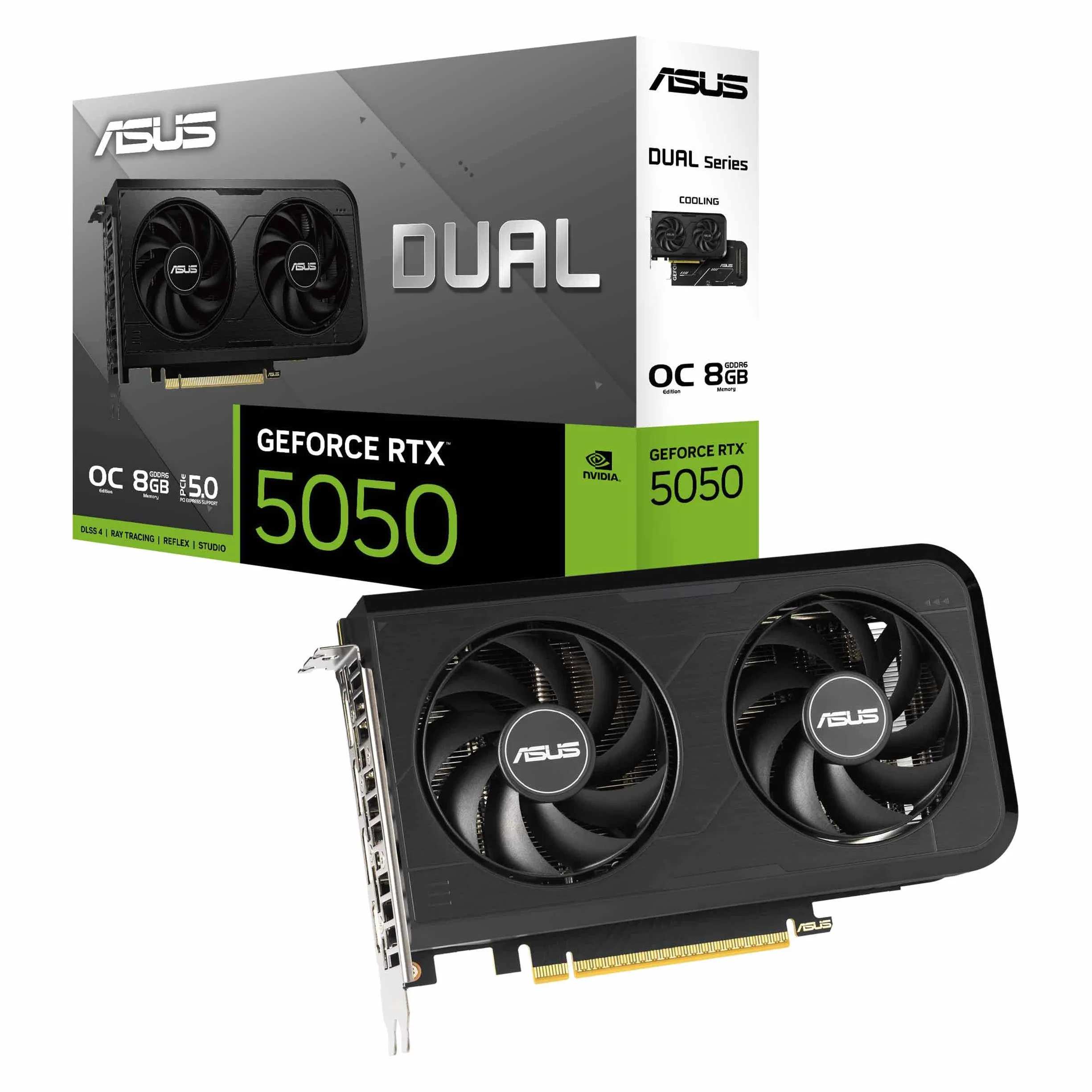 ASUS Dual NVIDIA GeForce RTX 5050 OC Edition, Scheda Grafica 8GB GDDR6, 128 Bit, PCIe 5.0, 2 Ventole Axial-Tech, 1 HDMI 2.1b, 3 DisplayPort 2.1b, Software GPU Tweak III, Nera, DUAL-RTX5050-O8G