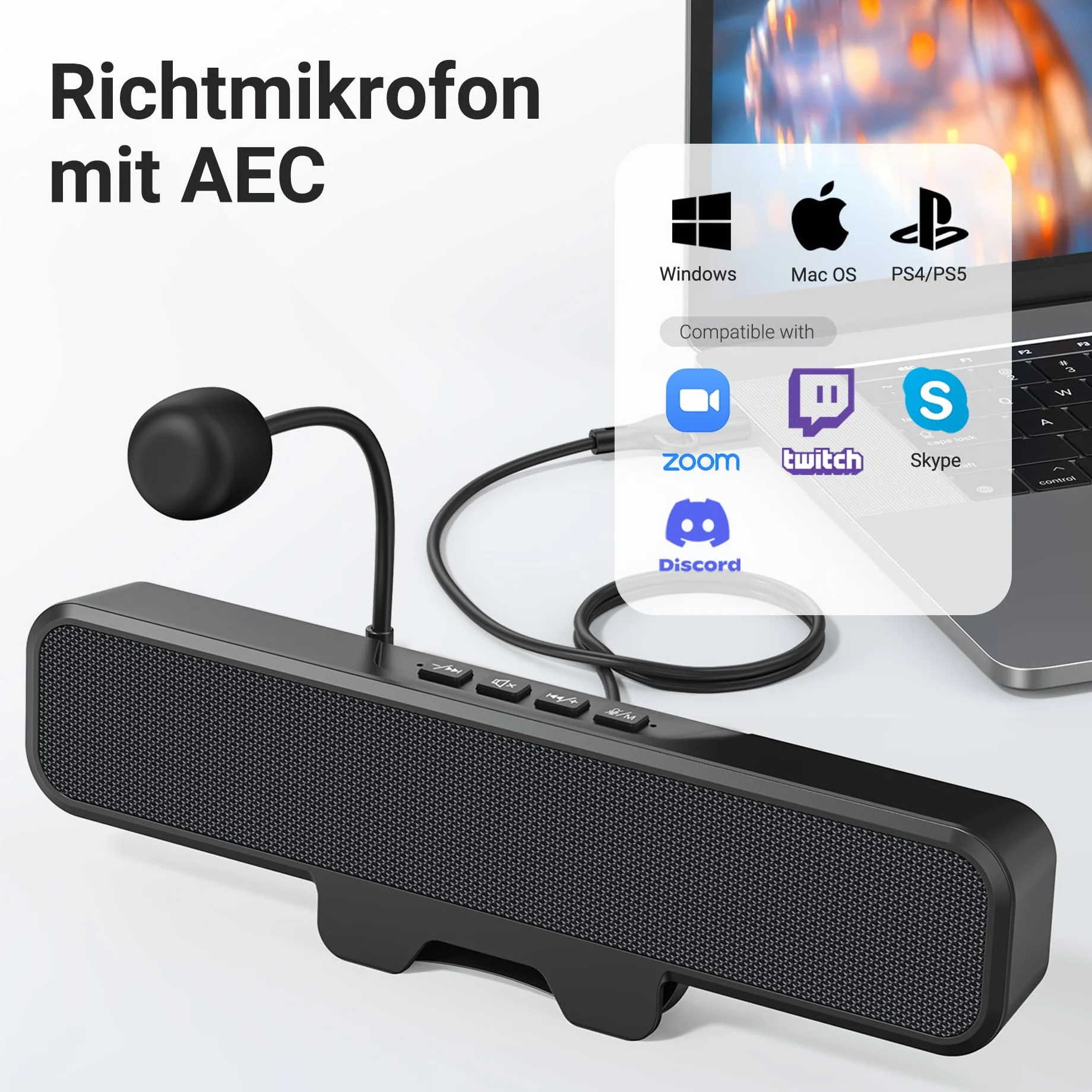 Inwa Altoparlante per PC, altoparlante USB con microfono, stereo e basso, spegnimento muto a un pulsante, clip plug and play per monitor PC, desktop, laptop e Mac (nero)