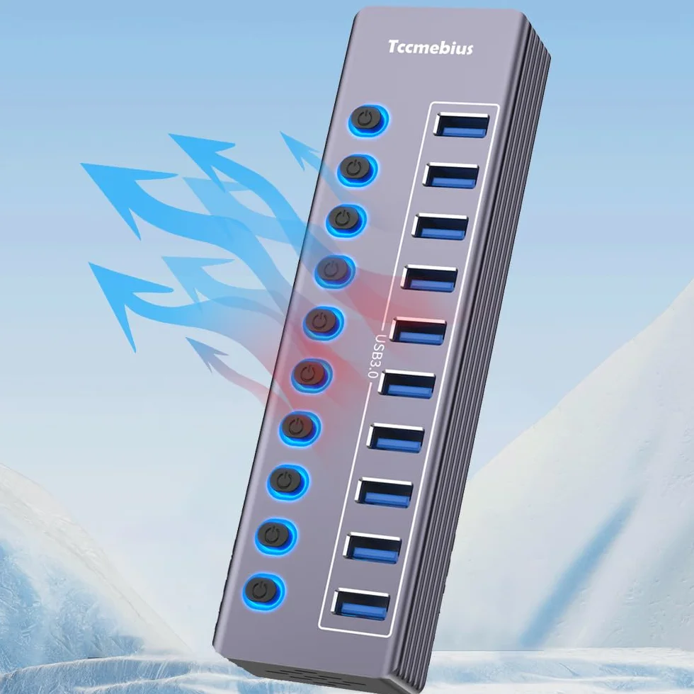 Hub USB 3.0 Alimentato, USB 3.0 / USB C a 10 Porte in Alluminio Trasmissione Dati 5Gbps, con Interruttore Indipendente LED, Adattatore di Alimentazione 12V/3A, 2-in-1 Cavo Dati(TCC-T310U)