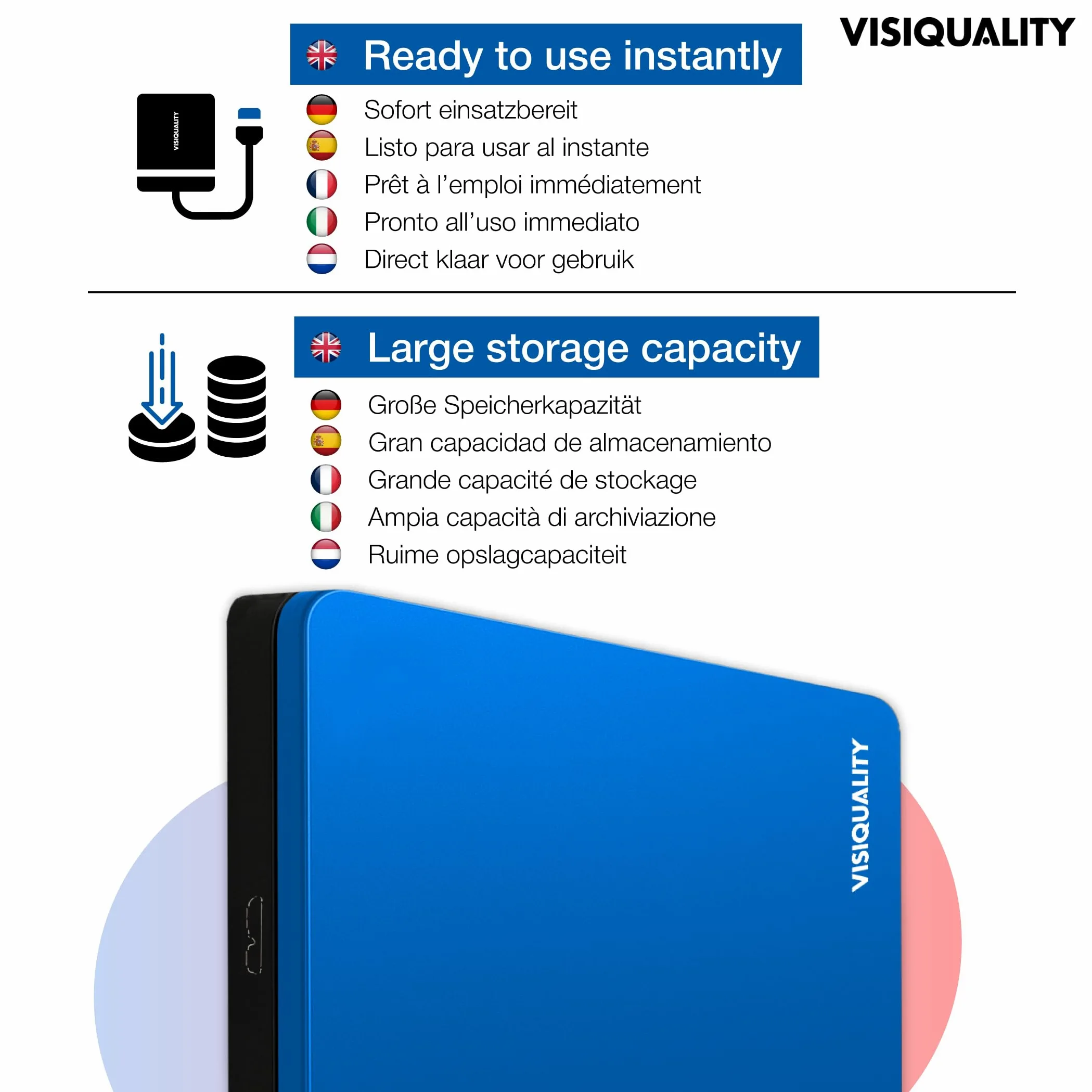 Hard disk esterno ad alta velocità, 1 TB, USB 3.0, compatibile con Windows e Mac, Plug and Play, per PS4 e Xbox, compatto, disponibile in 3 colori (blu)