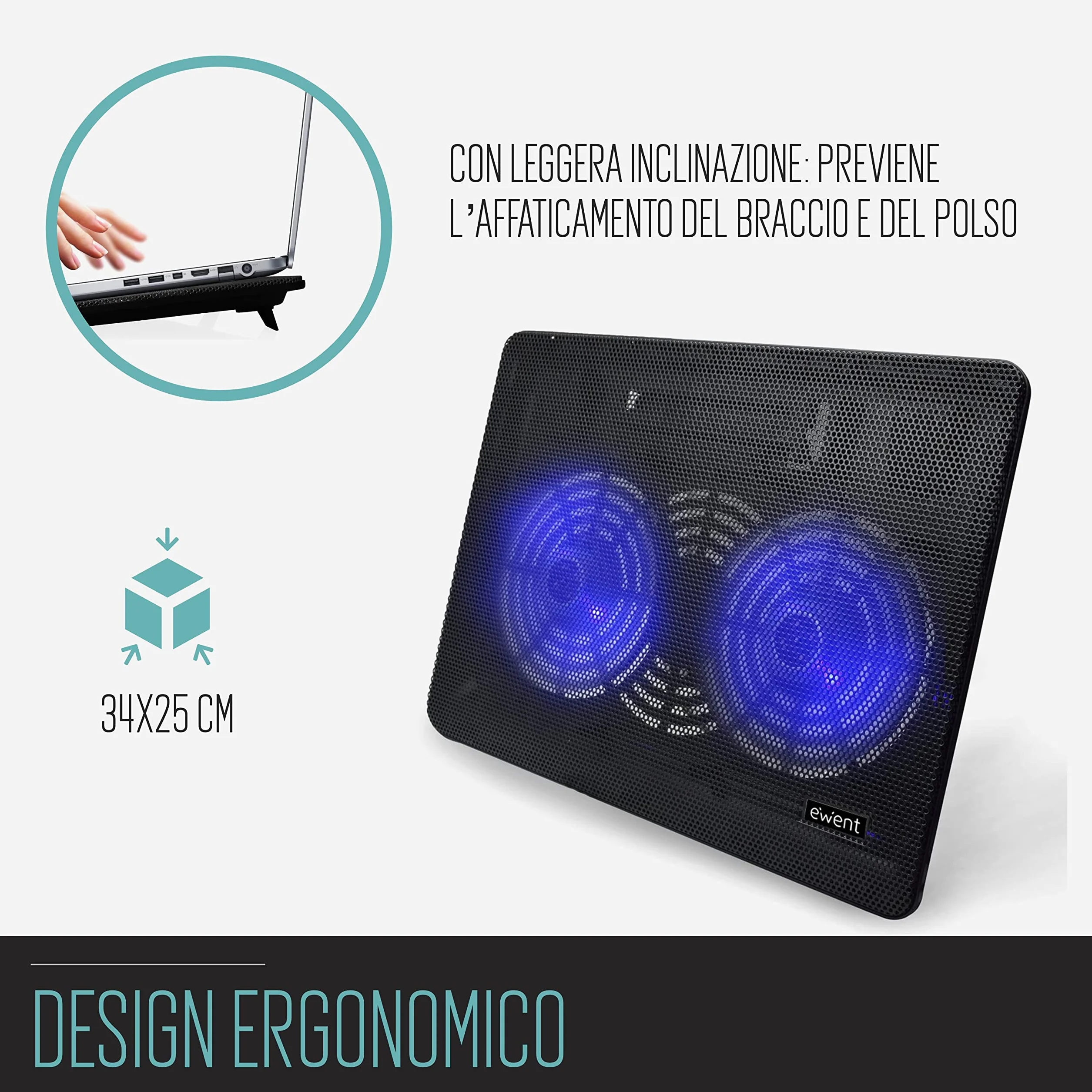 Ewent EW1256 Pad di raffreddamento a 2 ventole per Notebook fino a 17", Nero 34 x 25 x 2 cm