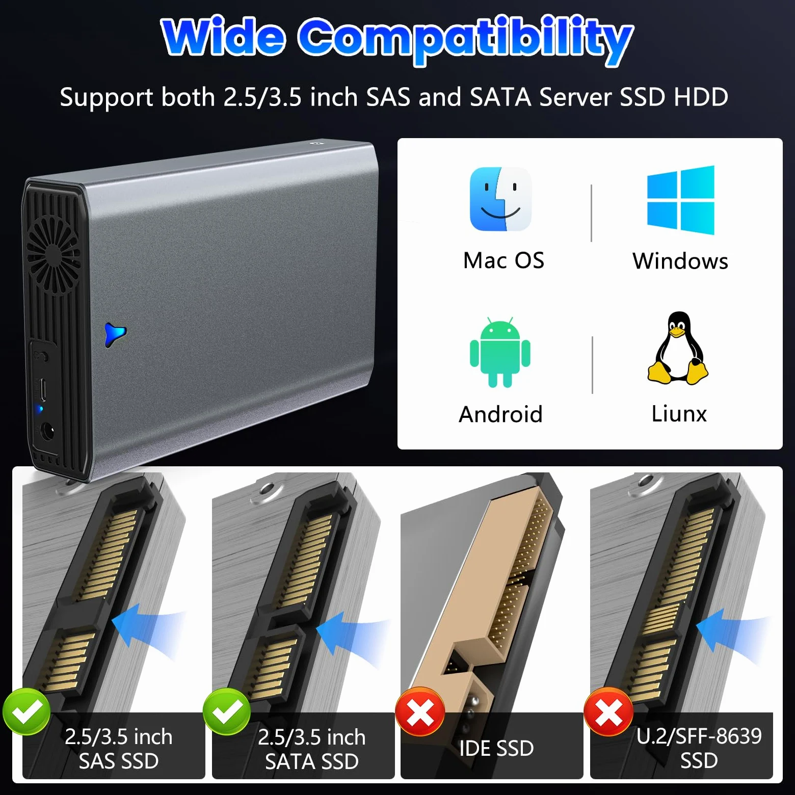 Adattatore da SAS a USB 3.0, docking station per disco rigido SAS per SSD HDD da 2,5/3,5", alloggiamento esterno senza attrezzi con adattatore di alimentazione 12 V/2 A e ventola di raffreddamento