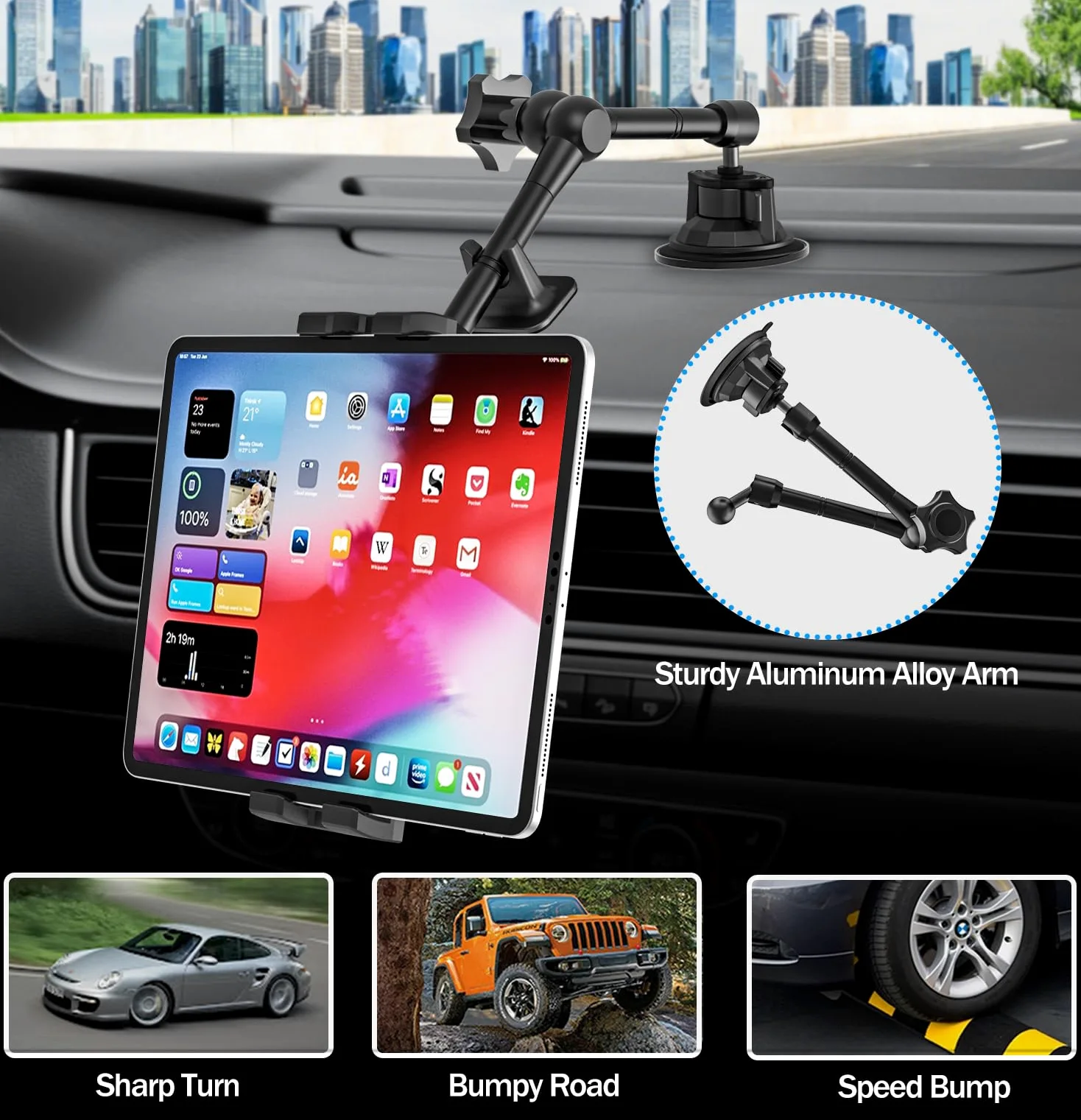Supporto Tablet Cruscotto Parabrezza Auto/Camion, Porta Tablet Macchina Ventosa Robusto con Braccio in Metallo per iPad Pro/Air/Mini, Galaxy, Lenovo, iPhone, Telefono da 4-12,9"