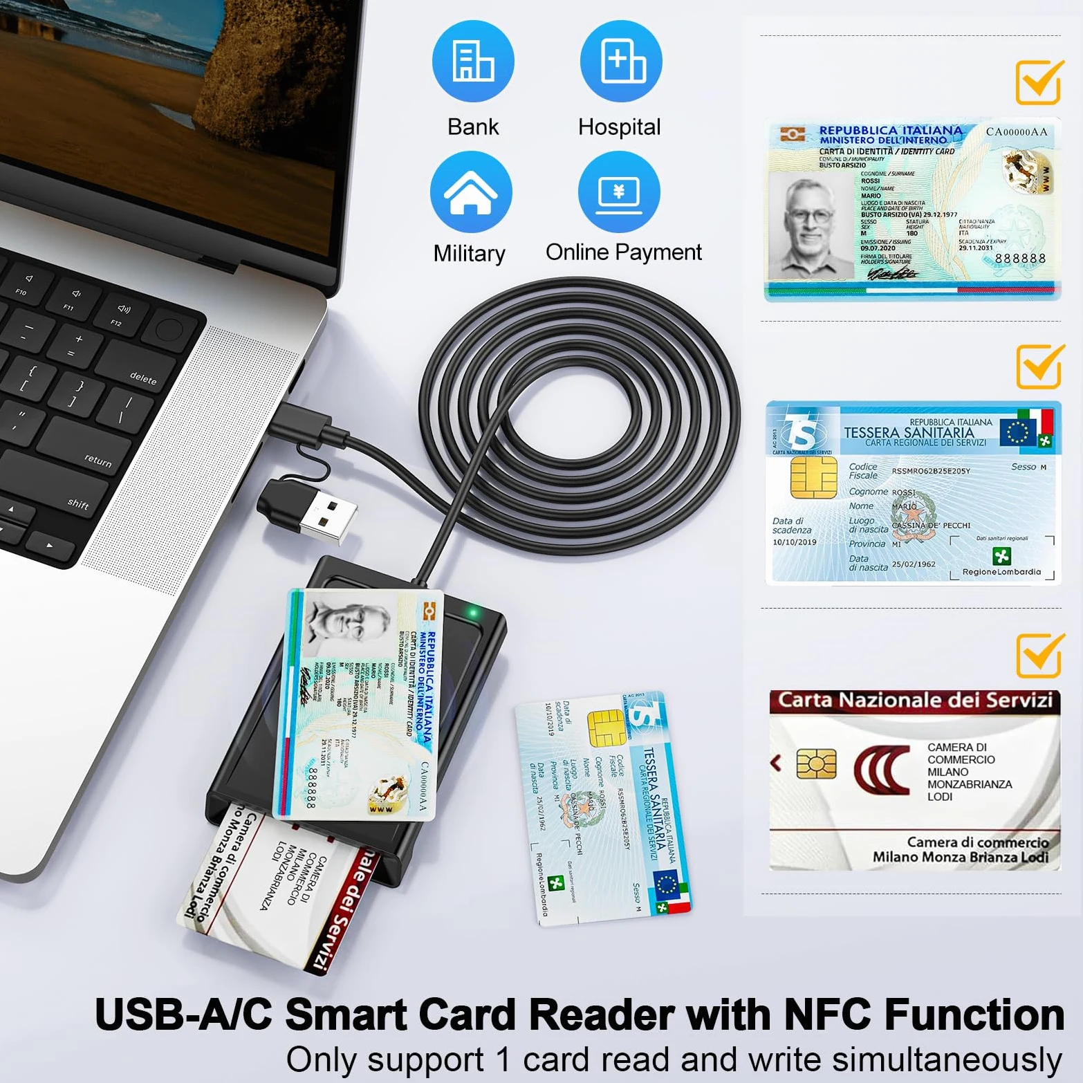 Lettore CIE 3.0 Carta d'Identità e Tessera Sanitaria,USB-A + USB-C Lettore Smart Card Firma Digitale,Lettore Carta Identita Elettronica Contatto e Contactless CIE/CRS/CNS Smart Card NFC per Windows