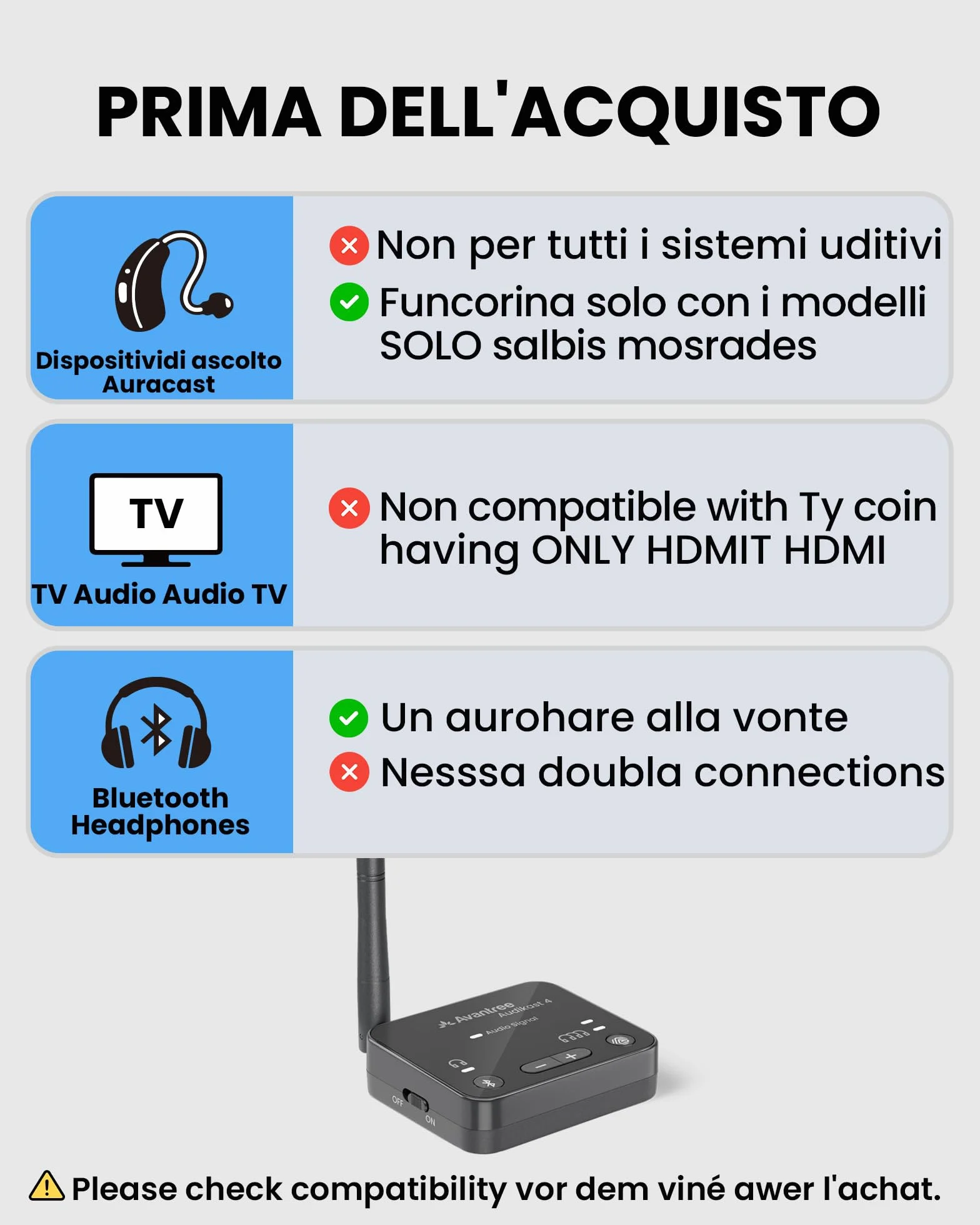 Avantree Audikast 4 – Trasmettitore TV Auracast & Bluetooth 5.4 2-in-1 per Cuffie e Dispositivi Personali Di Ascolto Selezionati, AptX Adaptive & HD, Uscita Ottica & AUX, Compatibile e Aggiornabile