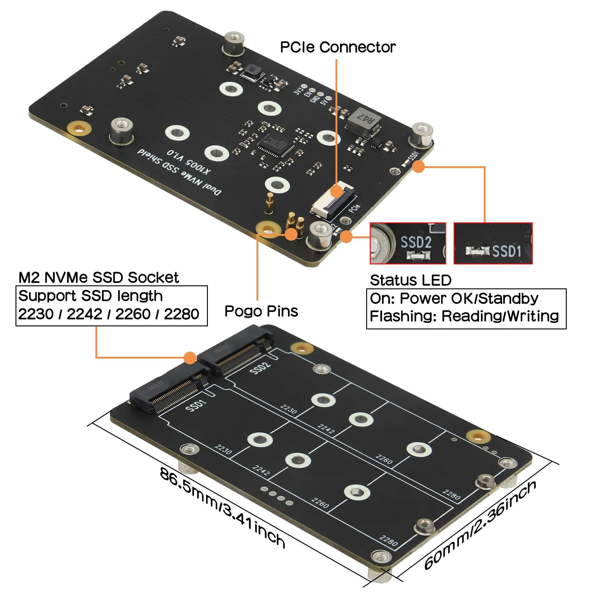 Geekworm X1005 Dual NVMe SSD Shield Bottom for Raspberry Pi 5, supports Hailo-8 AI Accelerator