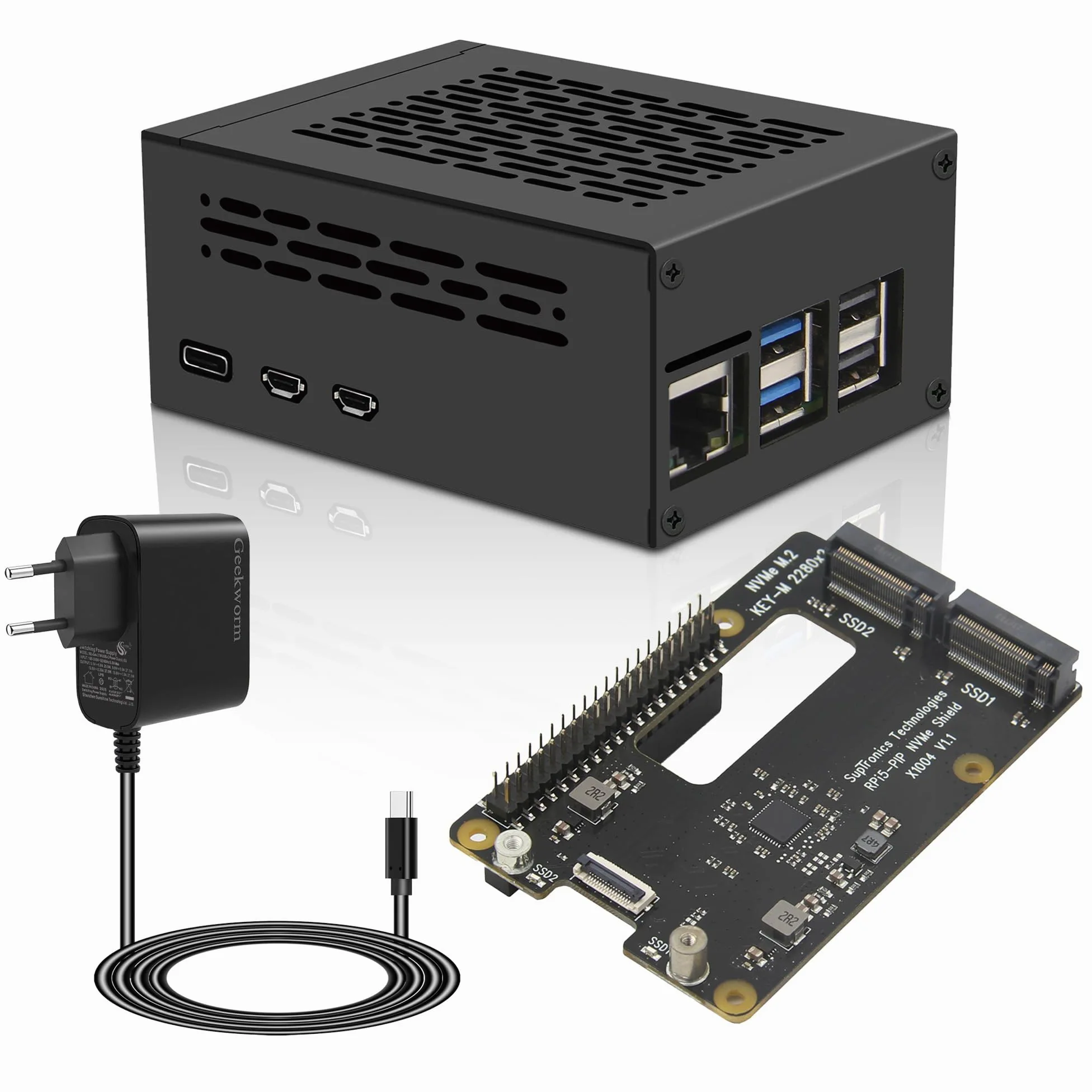 Geekworm X1004 PCIe to Dual M2 NVMe SSD 2280 Shield with Case & Power Adapter for Raspberry Pi 5