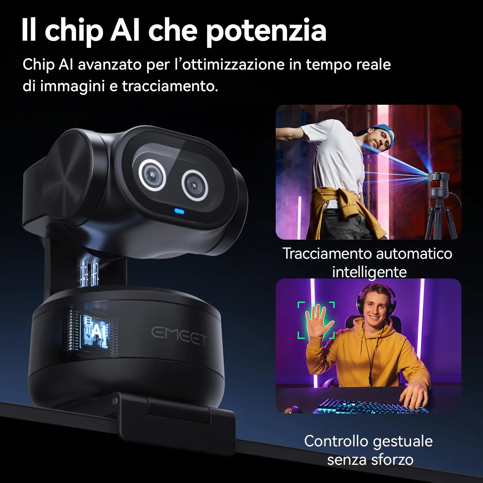 EMEET PIXY Telecamera PTZ 4K a Doppia Telecamera, AI Webcam，Messa a Fuoco Rapida in 0,2 s, con Sensore Sony, Web cam con 3 Microfoni, Webcam 4K per lo Streaming e Compatibile con OBS/Twitch/Switch 2