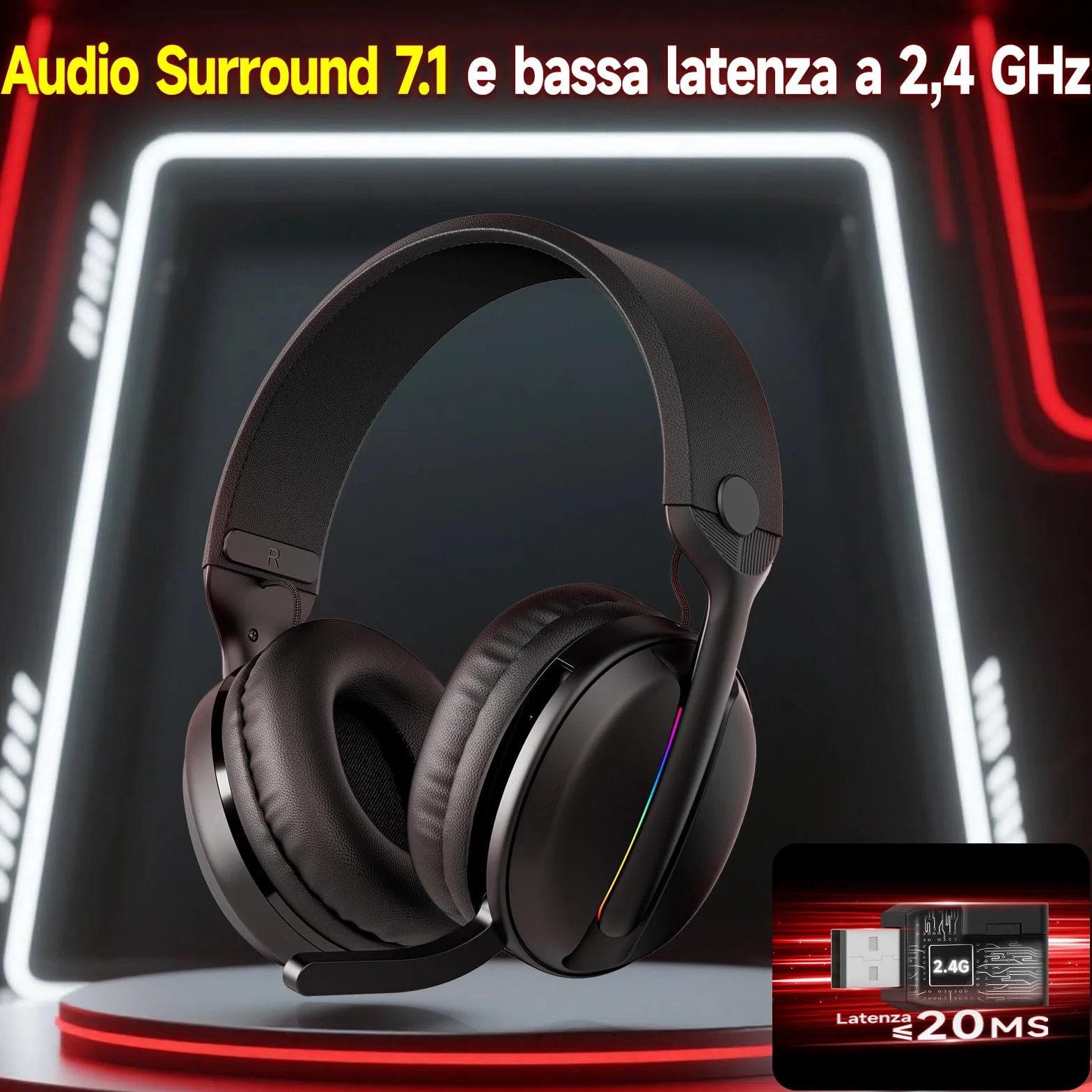 MANKIW Cuffie Gaming Wireless per PS5, PS4, PC, Mac, Cuffie da Gioco Bluetooth 5,4 & 2.4GHz USB/Type-C a Bassa Latenza con Microfono Antirumore, 40H di Autonomia