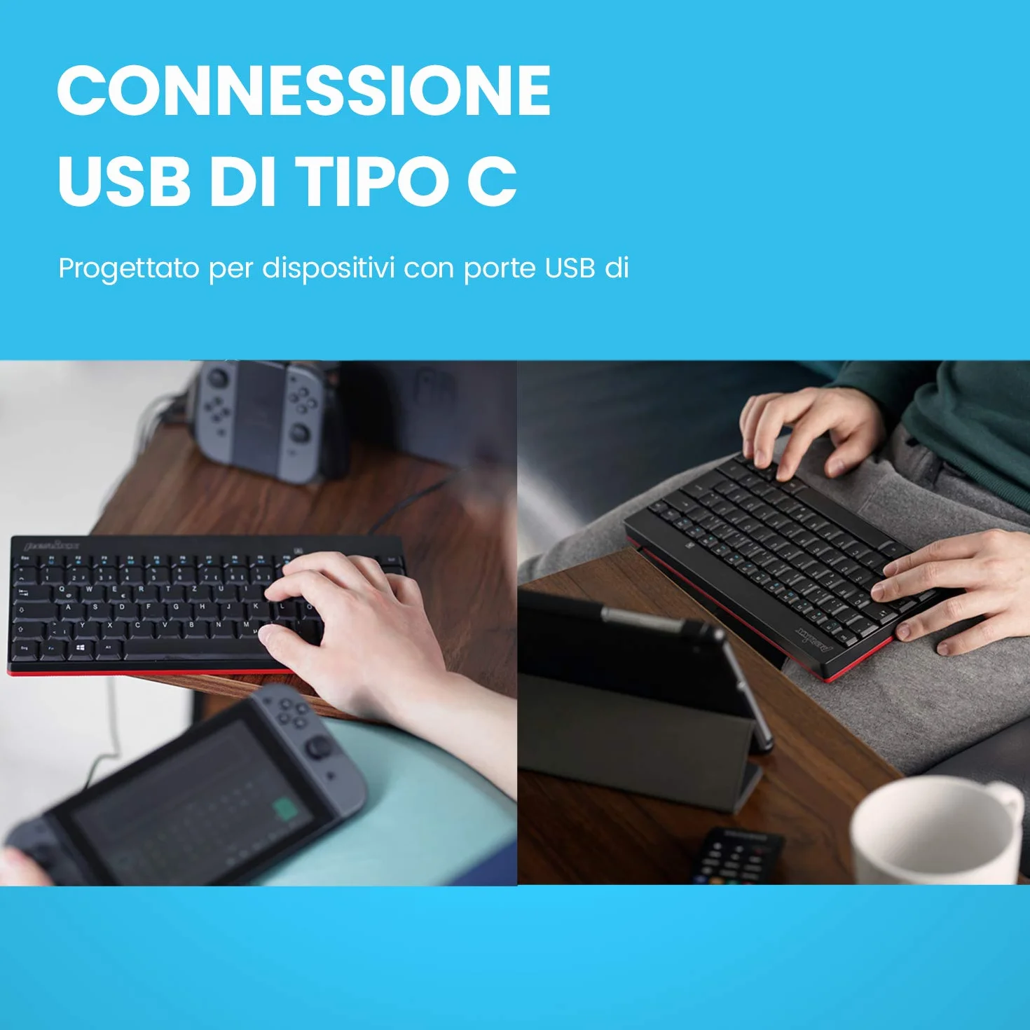 Perixx PERIBOARD-422 Mini Tastiera USB-C, Connessione USB Tipo C, Layout Italiano, nera
