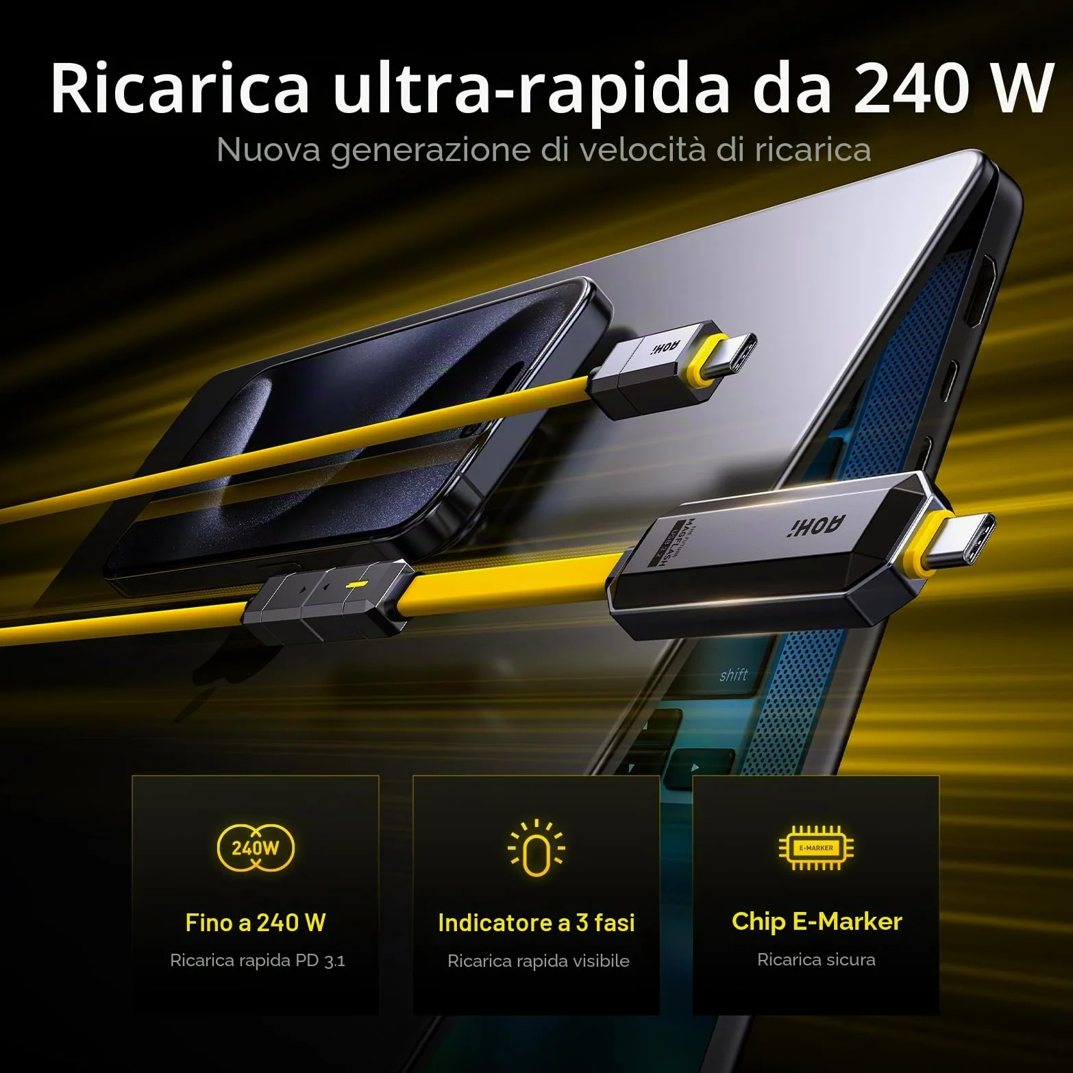AOHI Set di cavi USB C da 240 W fai da te con unità flash USB C da 512 GB, 2 in 1 PD 3.1 per ricarica rapida e archiviazione dati, con USB 3.2 Gen2 Type C SSD USB Drive per MacBook, iPhone 16, Galaxy