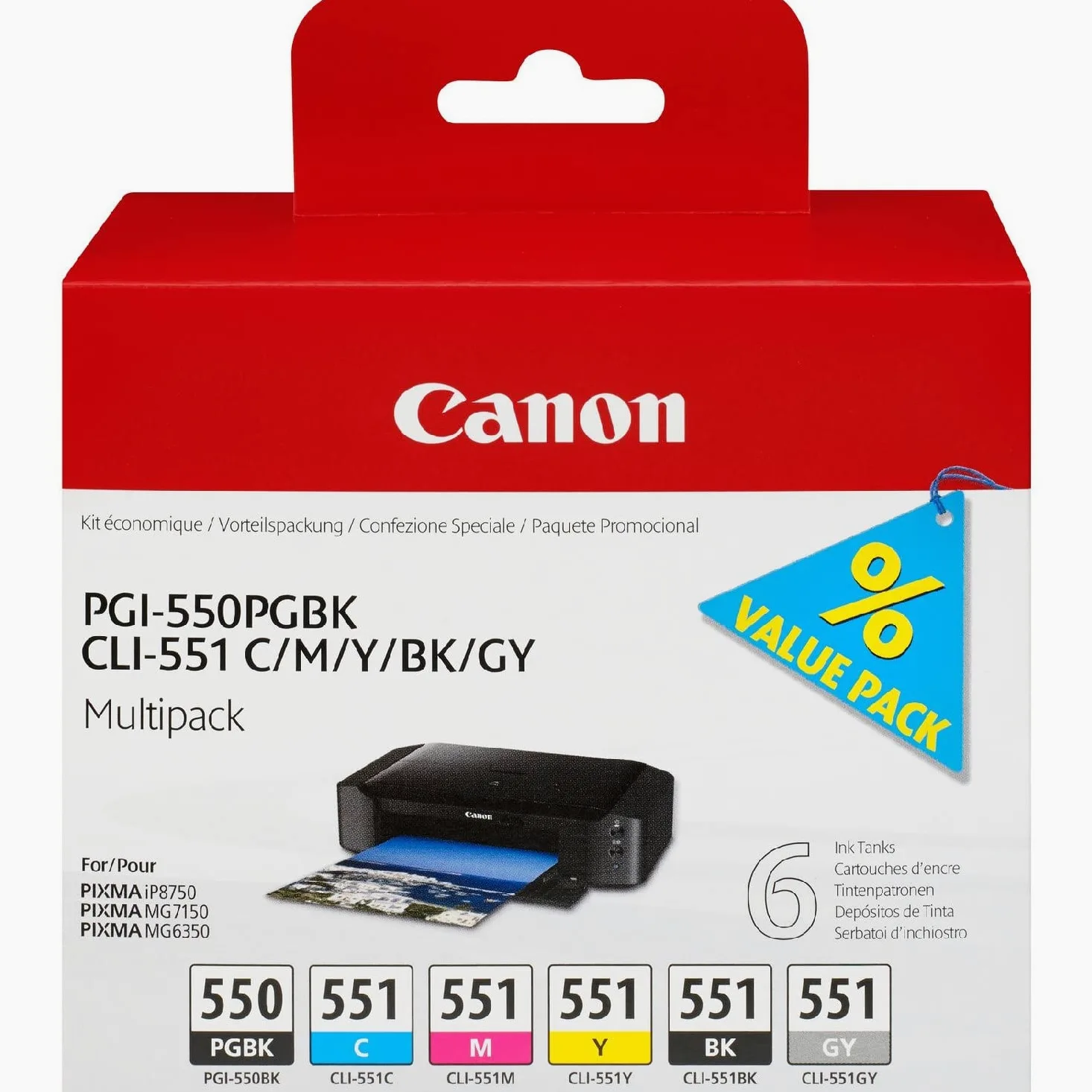 Canon PGI-550/CLI-551 PGBK/C/M/Y/BK/GY, Serbatoi Inchiostro, Multipack