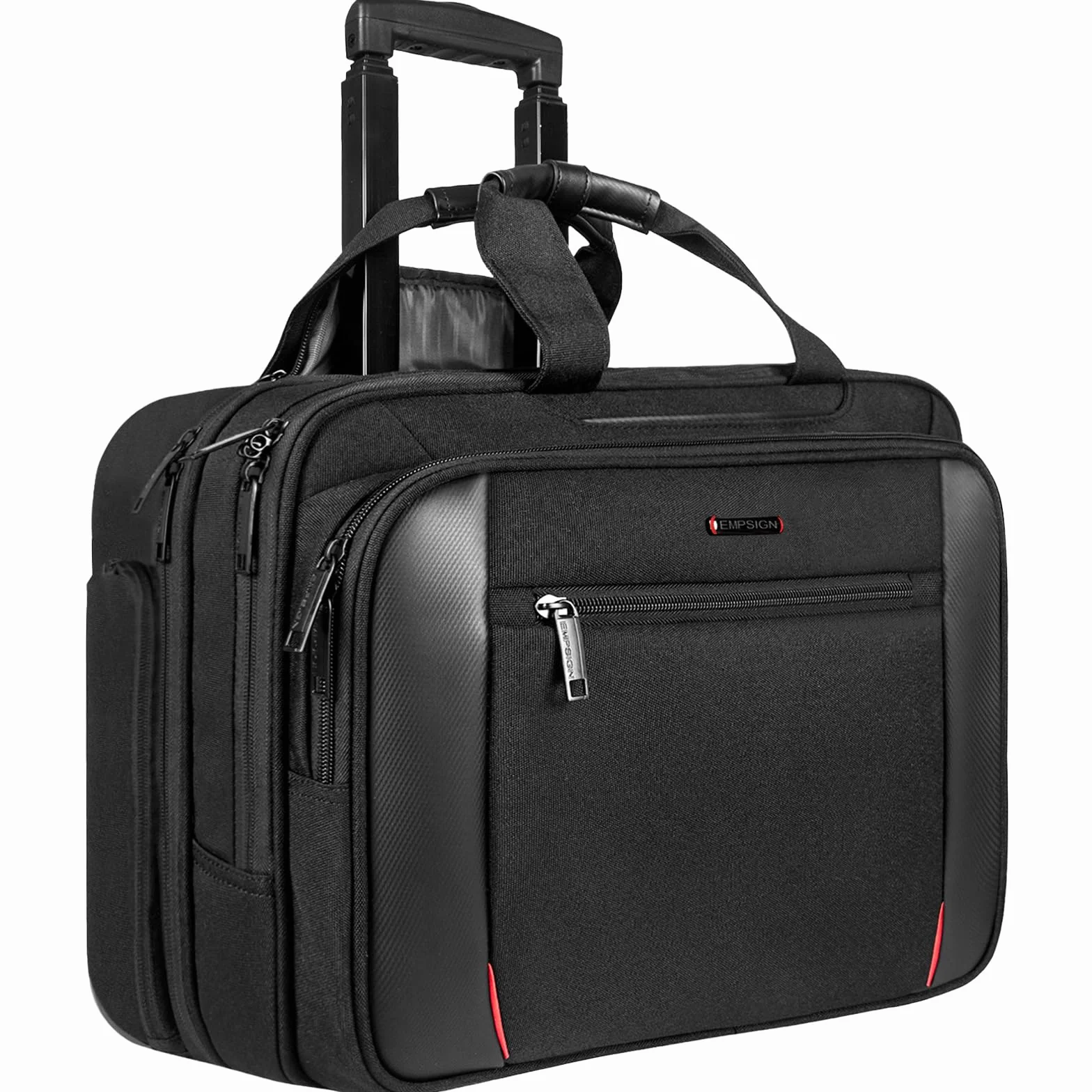 EMPSIGN Borsa porta PC 17,3 pollici con ruote, trolley impermeabile resistente, bagaglio a mano con tasca RFID, cartella con ruote per viaggio, lavoro e affari unisex - nera