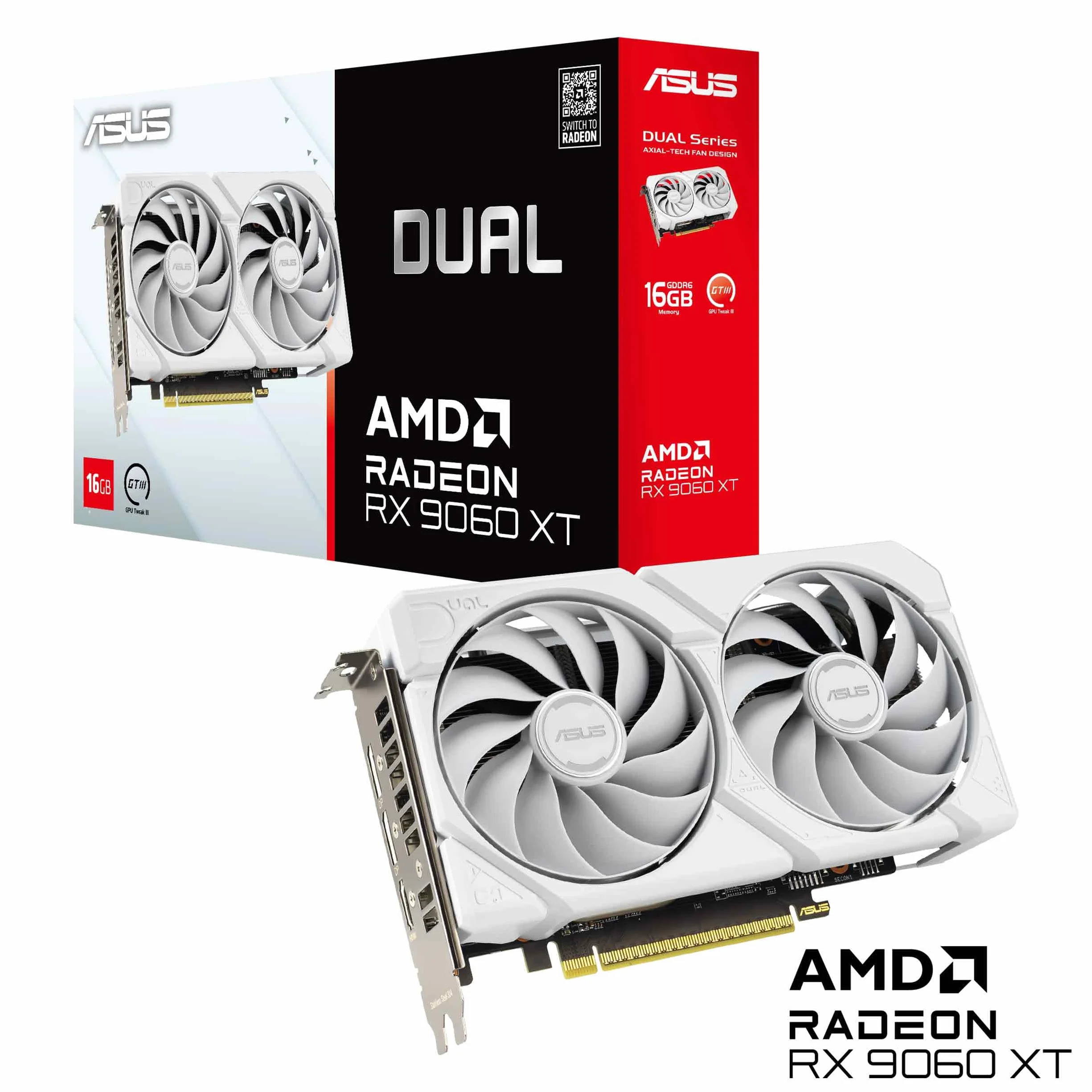 ASUS Dual AMD Radeon RX 9060 XT, Scheda Grafica 16G GDDR6, 128 Bit, PCIe 5.0, 1 HDMI 2.1, 2 DisplayPort 2.1, Ventole Axial-Tech, Tecnologia 0db, GPU Tweak III, Bianco, DUAL-RX9060XT-16G-WHITE