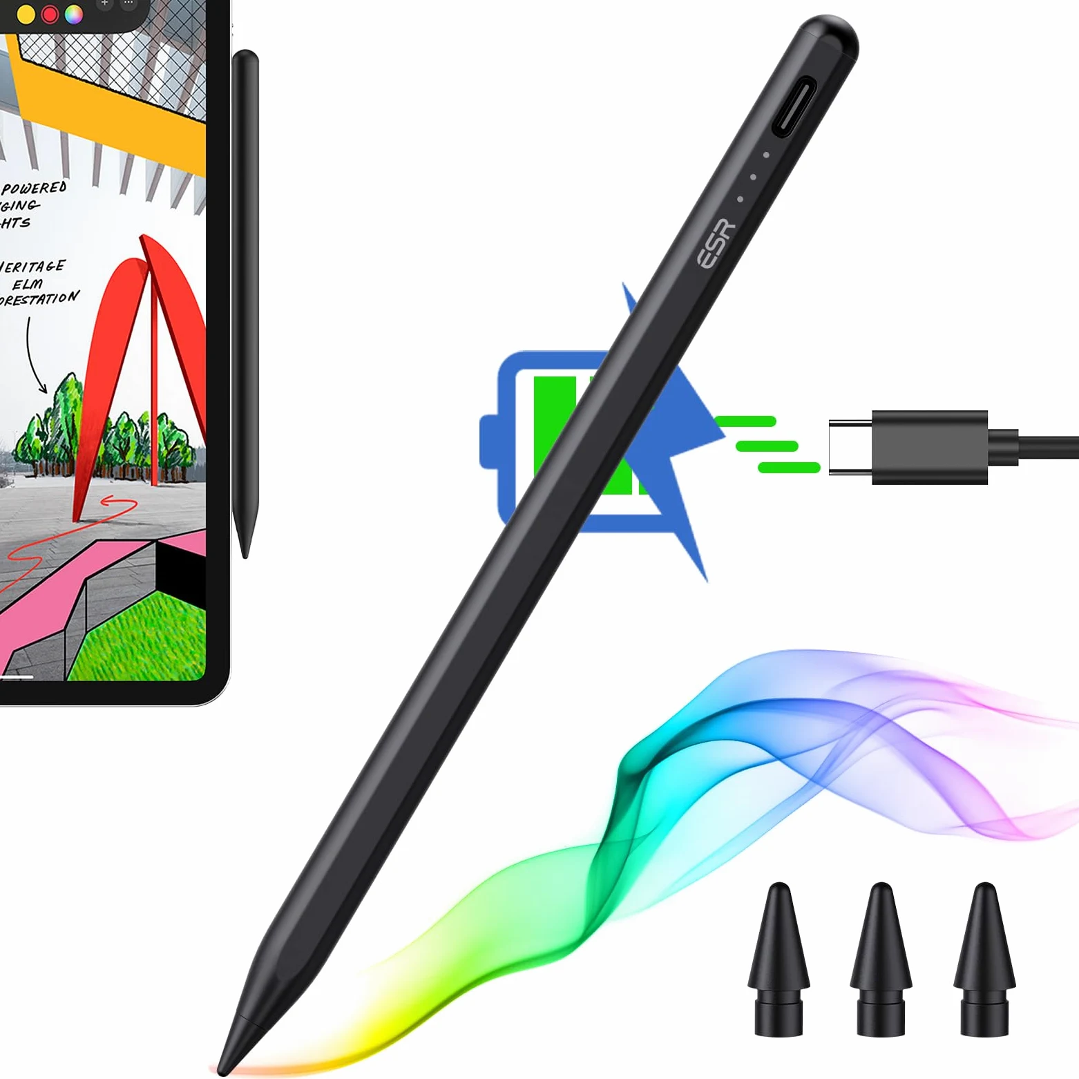 ESR Penna Stilo per iPad con sensibilità all’inclinazione, Pencil per Apple iPad 10/9/8/7/6, PRO 11, PRO 12.9, Mini 6/5 e iPad Air 5/4/3, Zero segni della Mano sullo Schermo, Aggancio Magnetico, Nero