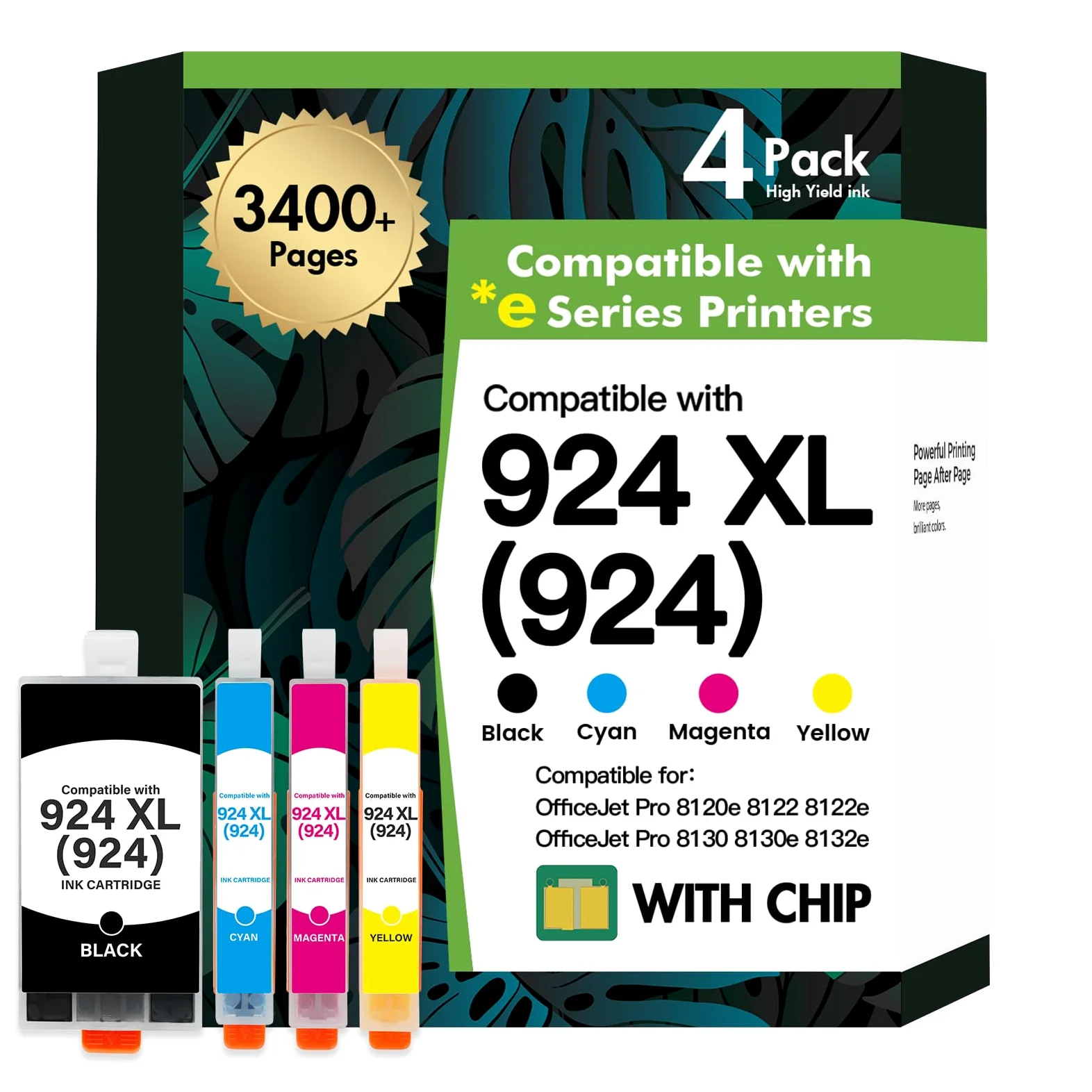 Cartucce 924 924XL con Chip Compatibili per HP 924 Cartucce XL 924XL 924e per HP OfficeJet Pro 8120e 8130e 8122e 8132e 8124e 8125e 8134e 8135e 8120 8122 8123 8130 (Nero Ciano Giallo Magenta 4-Pack)