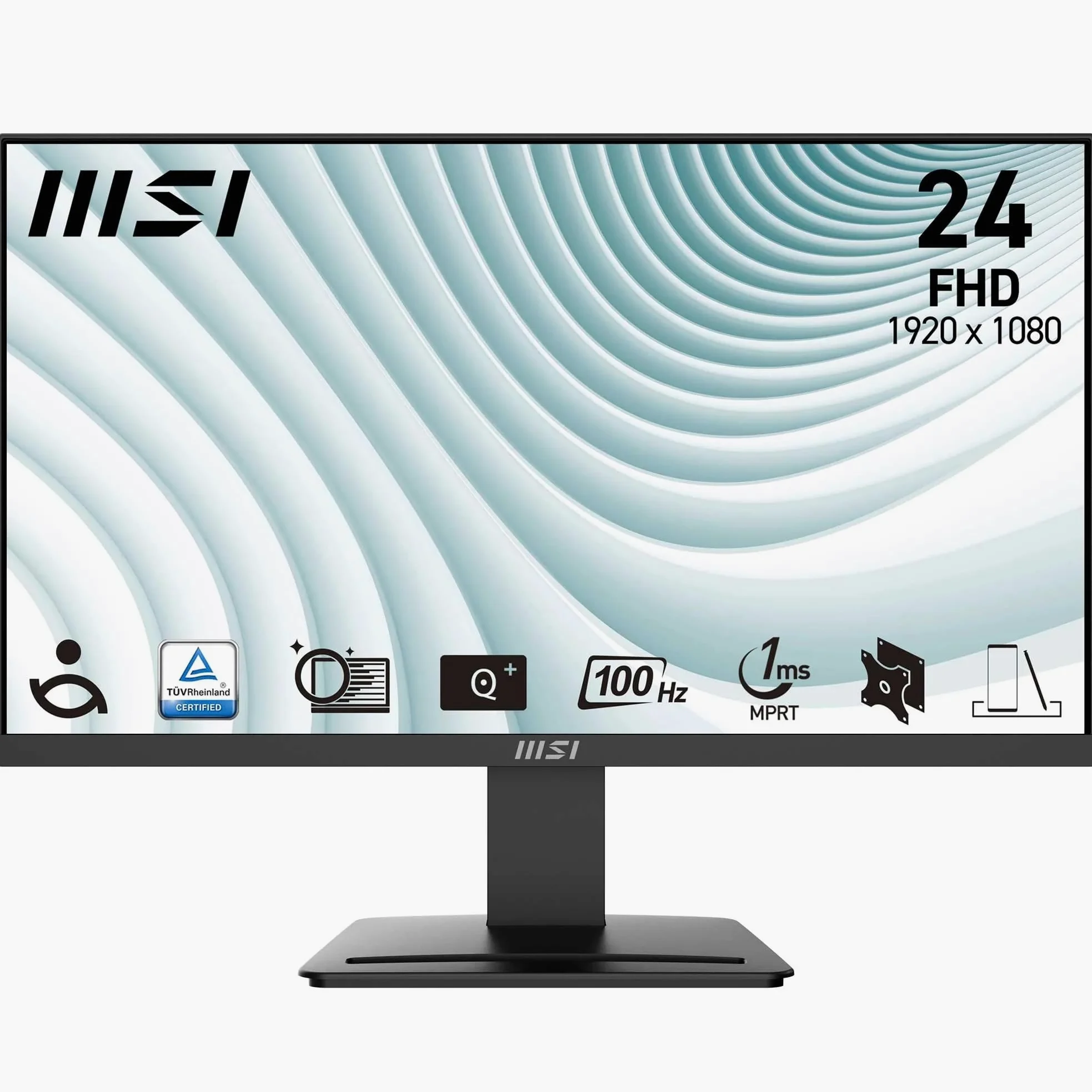 msi Pro MP2412 Monitor da 23,8", Full HD (1920 x 1080), 100 Hz, VA, 4 ms, FreeSync, HDMI, VGA, Anti-riflesso, Anti-Scintillio, meno luce blu, certificato TÜV, VESA, Kensington, Nero