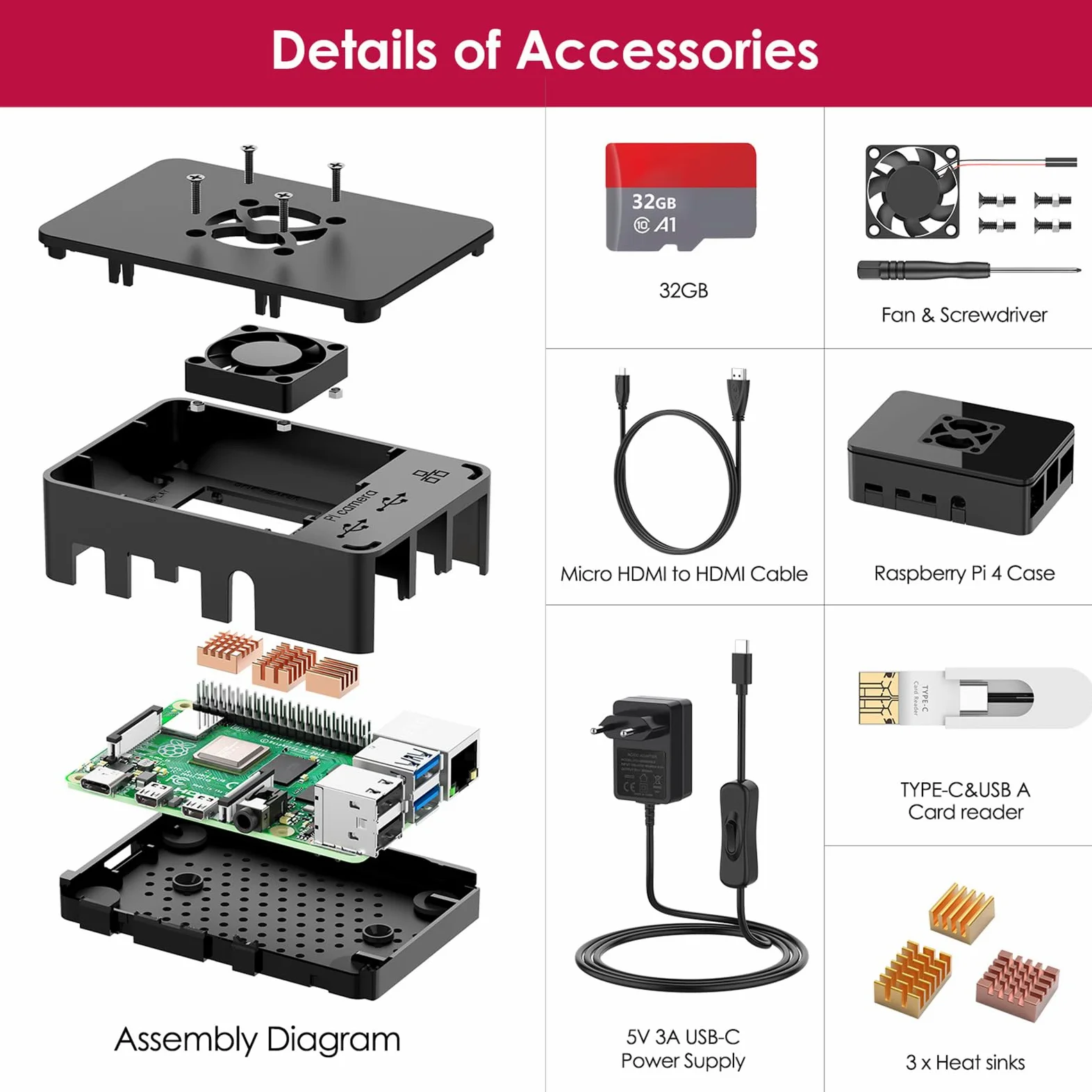Bqeel Kit Raspberry Pi 4 Model B da 8GB RAM+ 32GB, RPi Barebone con Accessori 1 Cavo HDMI, Alimentatore 5.1V 3A con Interruttore ecc (8G +32G)