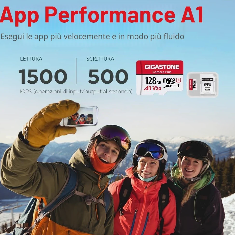 GIGASTONE Micro SD 128 GB, Camera Plus, Set da 2, A1 U1 C10 UHS-1, Per GoPro Fotocamera Videocamera, Velocit? Fino a 100/60 MB/Sec(R/W), con Adattatore Scheda SD